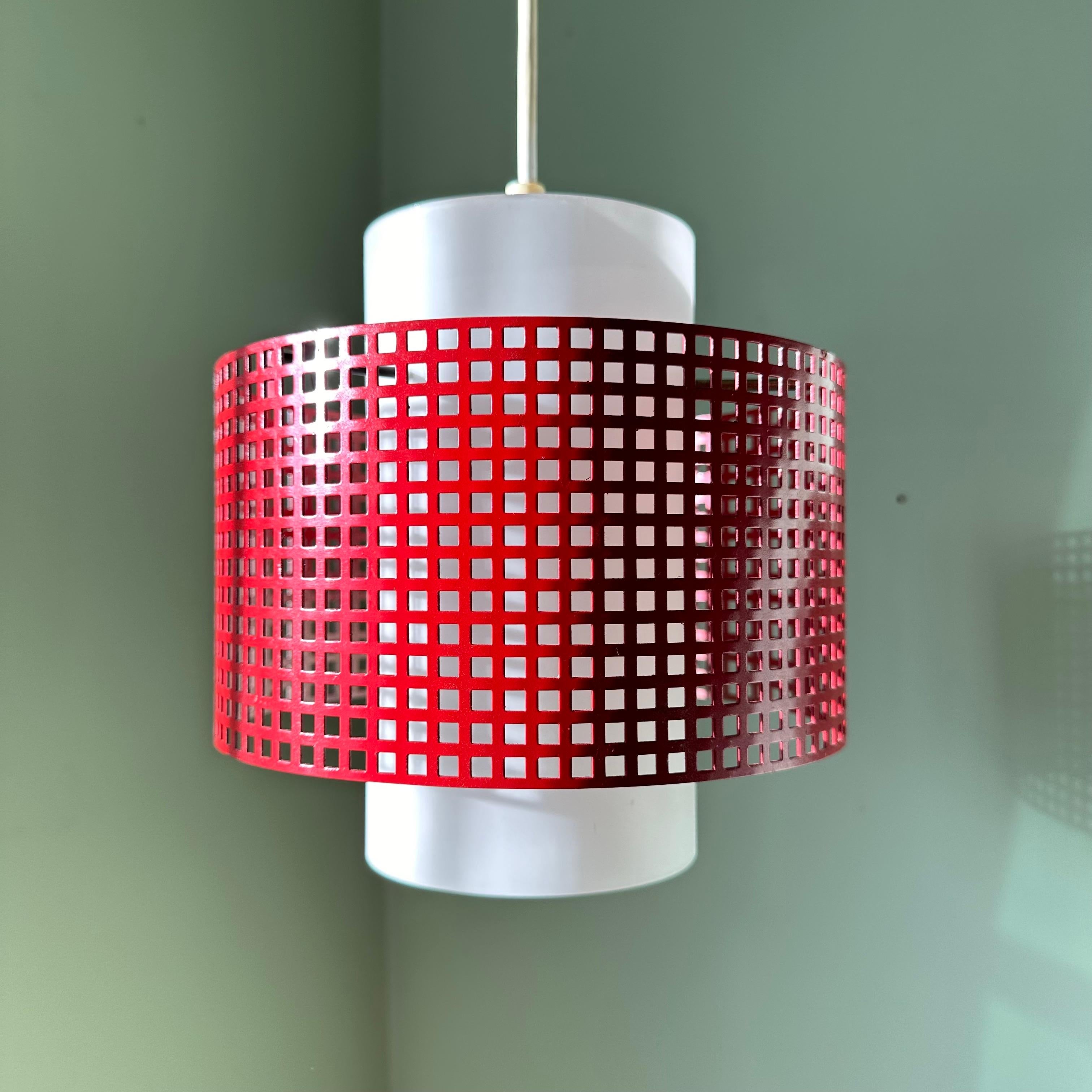 Vintage Modernist White Glass and Red Metal Grid Ceiling Pendant Light For Sale 1