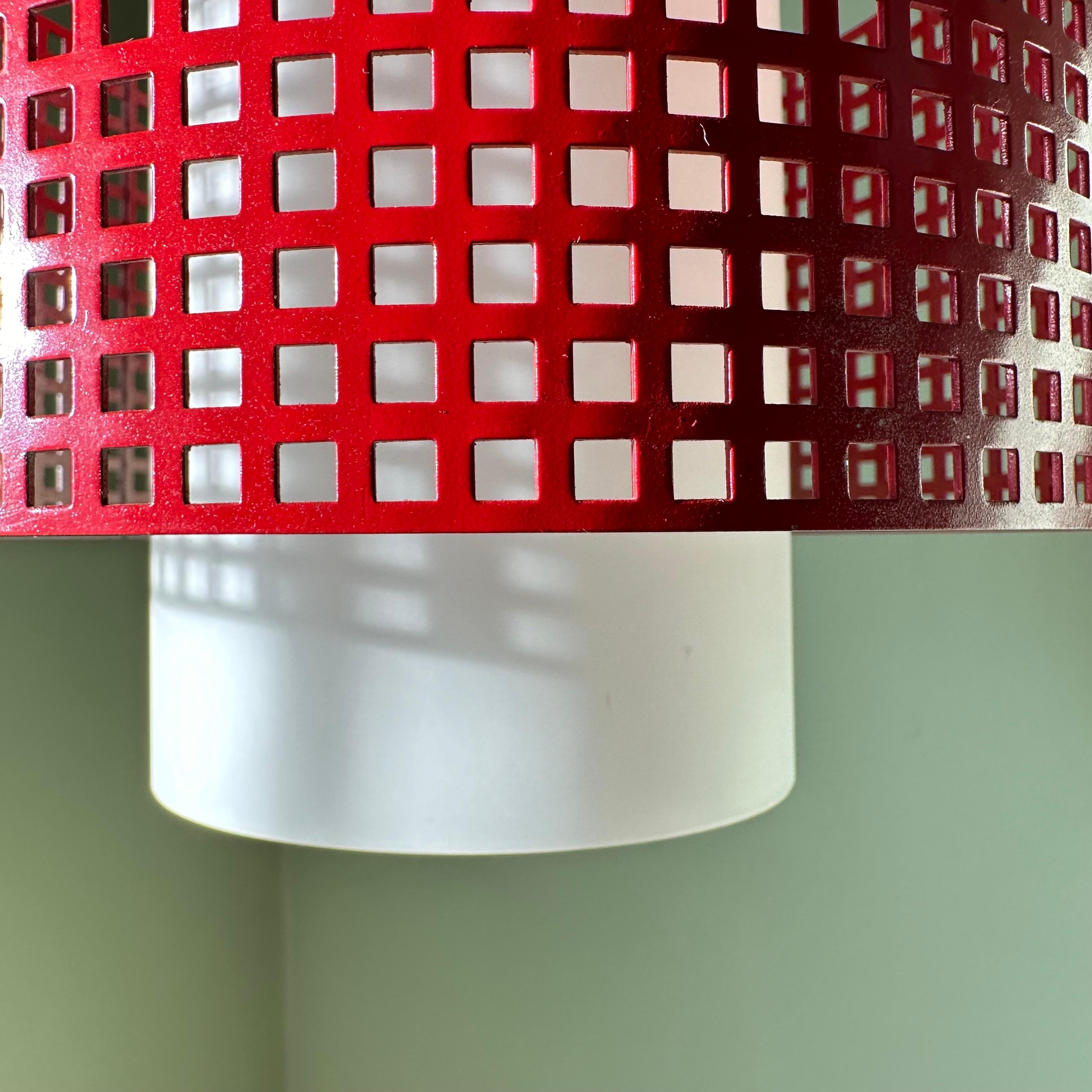 Vintage Modernist White Glass and Red Metal Grid Ceiling Pendant Light For Sale 2