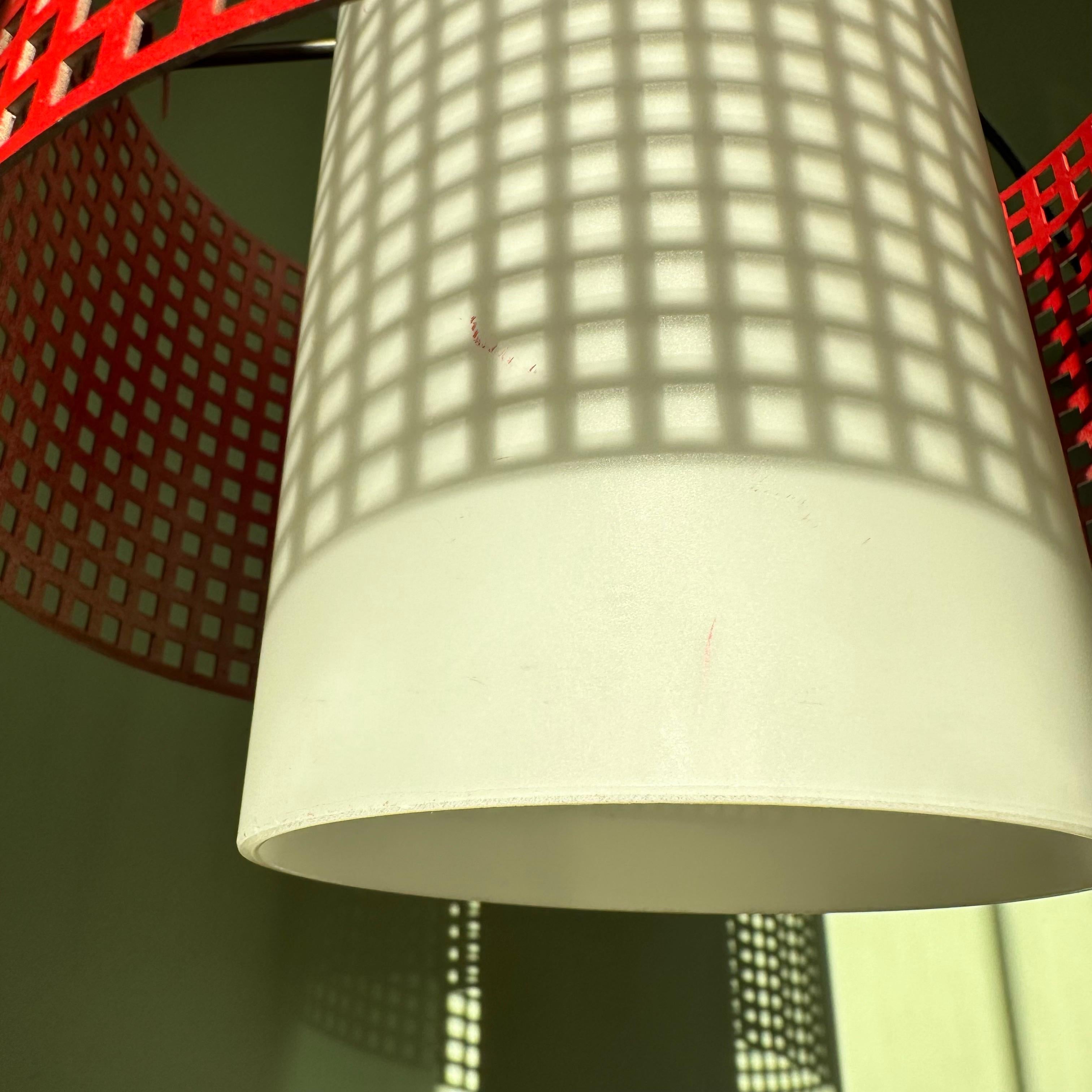 Vintage Modernist White Glass and Red Metal Grid Ceiling Pendant Light For Sale 3