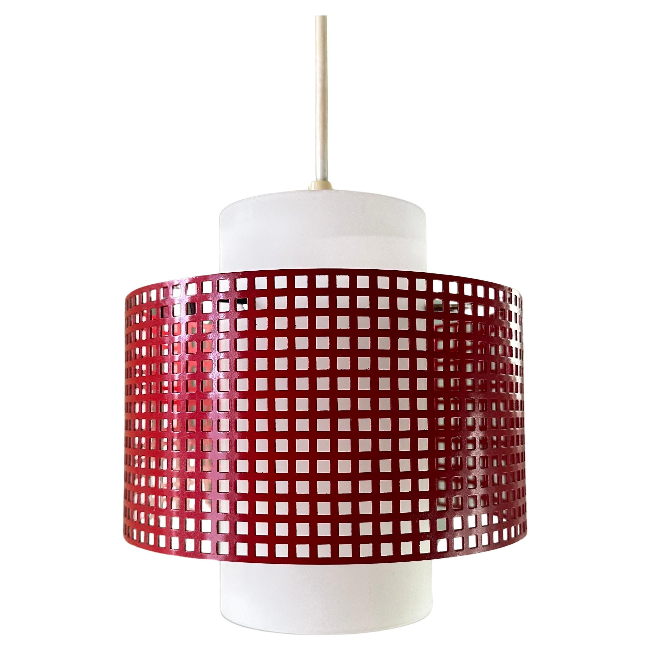 Vintage Modernist White Glass and Red Metal Grid Ceiling Pendant Light For Sale