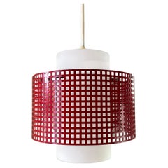 Retro Modernist White Glass and Red Metal Grid Ceiling Pendant Light