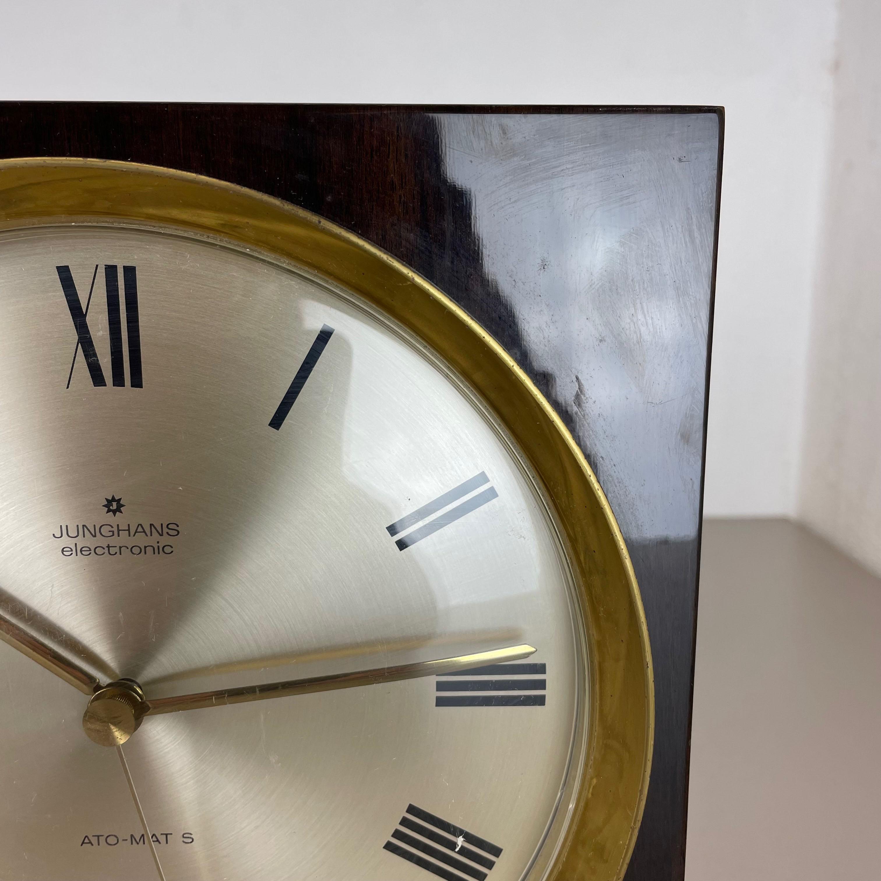 Vintage Modernist Wood + Brass Table and Wall Clock by Junghans, Germany, 1970s For Sale 1