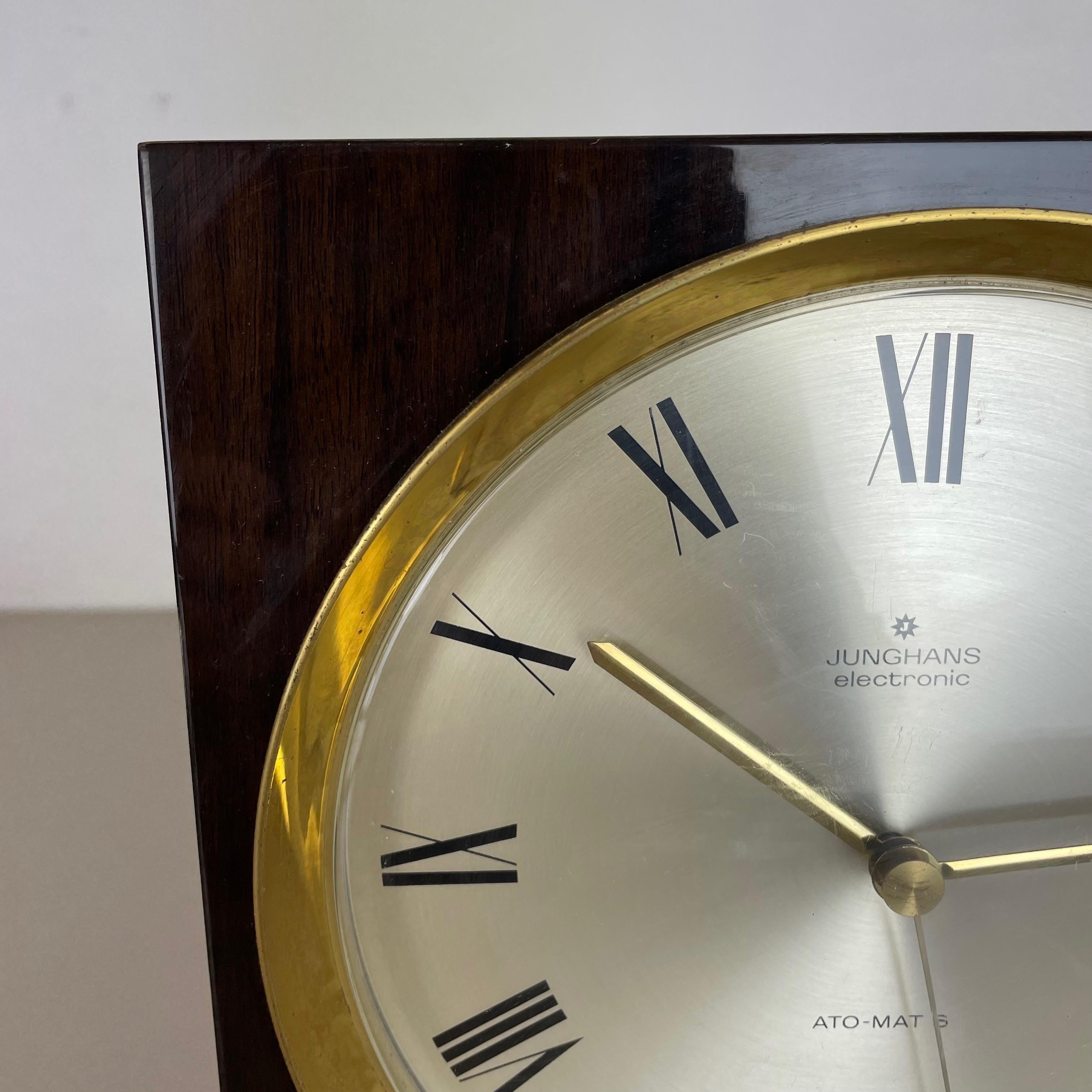 Vintage Modernist Wood + Brass Table and Wall Clock by Junghans, Germany, 1970s For Sale 2
