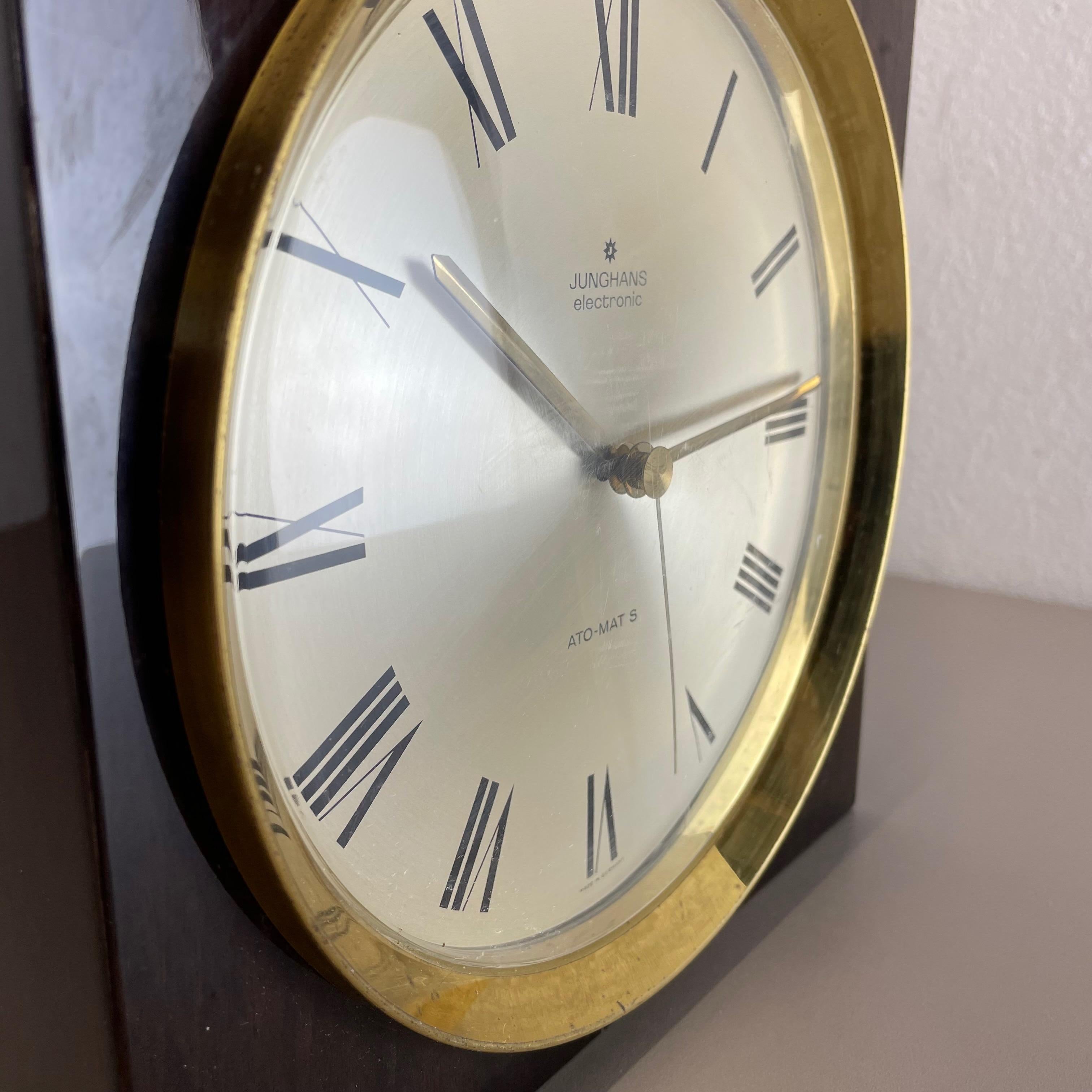 Vintage Modernist Wood + Brass Table and Wall Clock by Junghans, Germany, 1970s For Sale 4