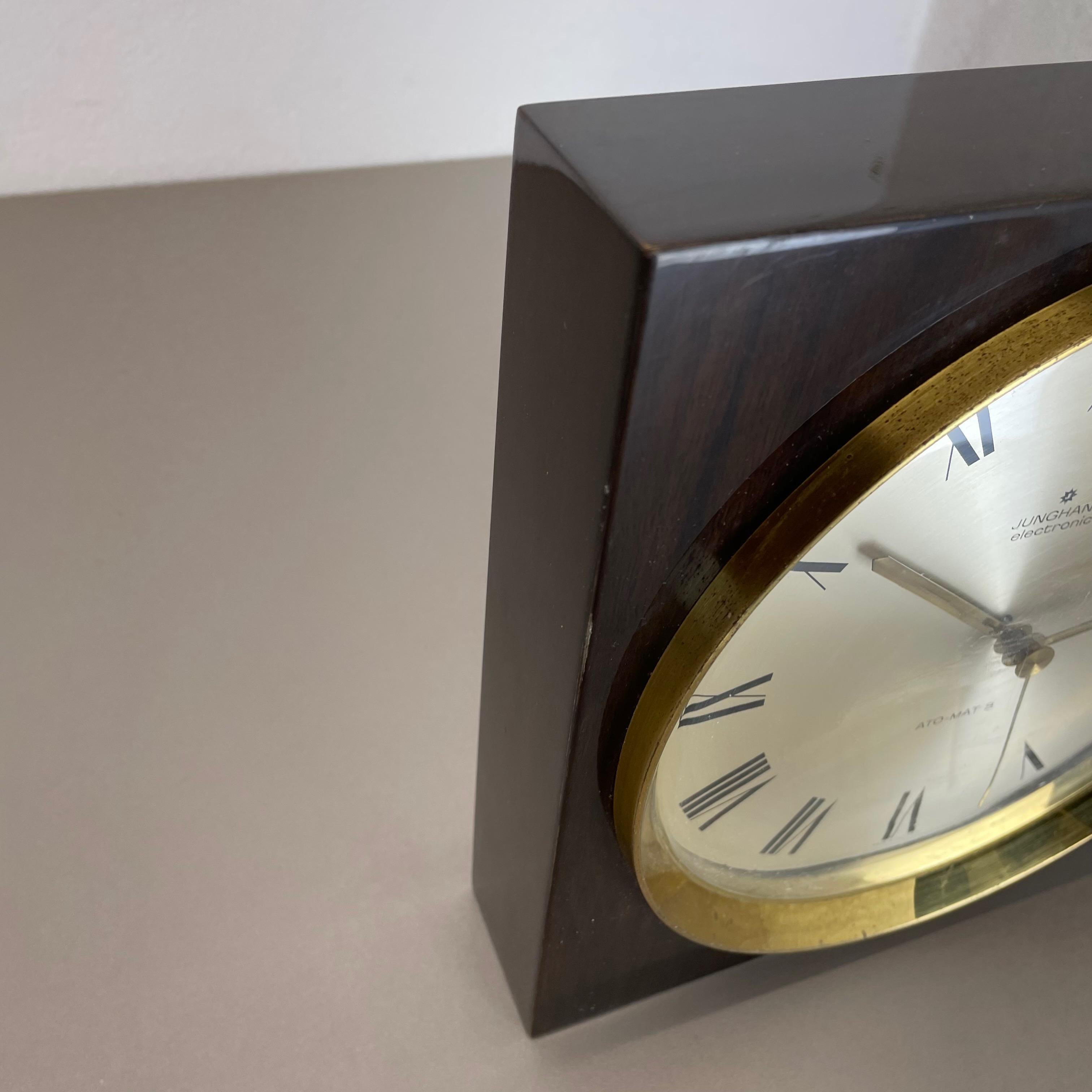 Vintage Modernist Wood + Brass Table and Wall Clock by Junghans, Germany, 1970s For Sale 5