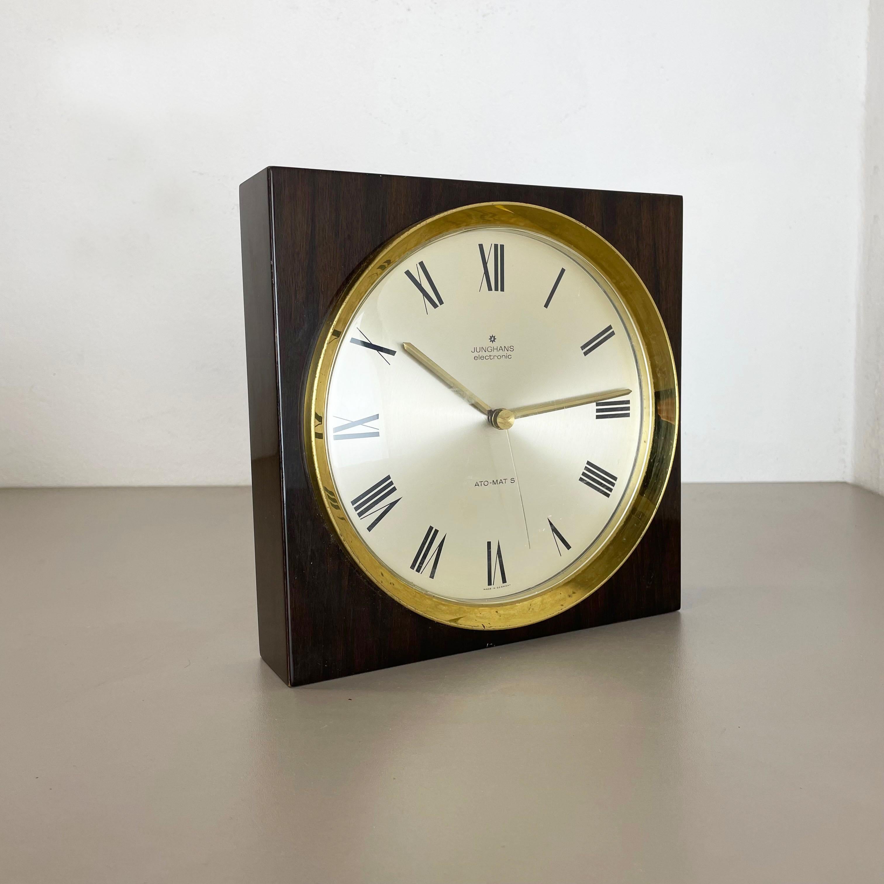 Vintage Modernist Wood + Brass Table and Wall Clock by Junghans, Germany, 1970s For Sale 7