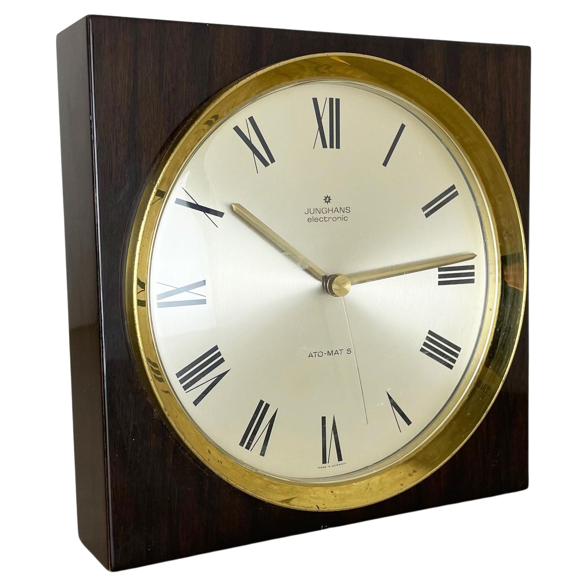 Vintage Modernist Wood + Brass Table and Wall Clock by Junghans, Germany, 1970s For Sale