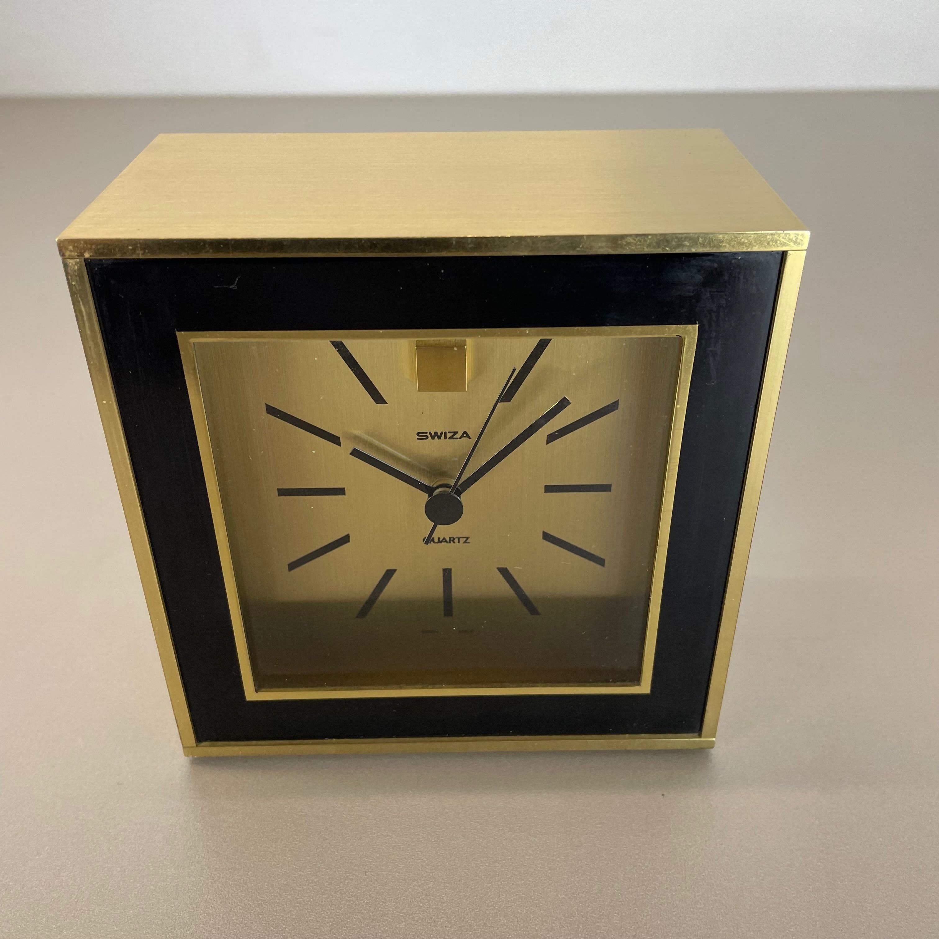 Mid-Century Modern Vintage Modernist Wooden Brass Table Clock by Swiza, Switzerland 1970s