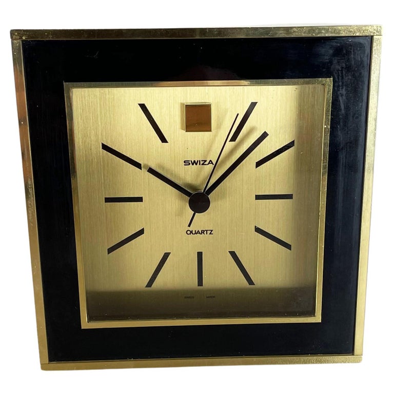 Vintage Modernist Wooden Brass Table Clock by Swiza, Switzerland 1970s at 1stDibs