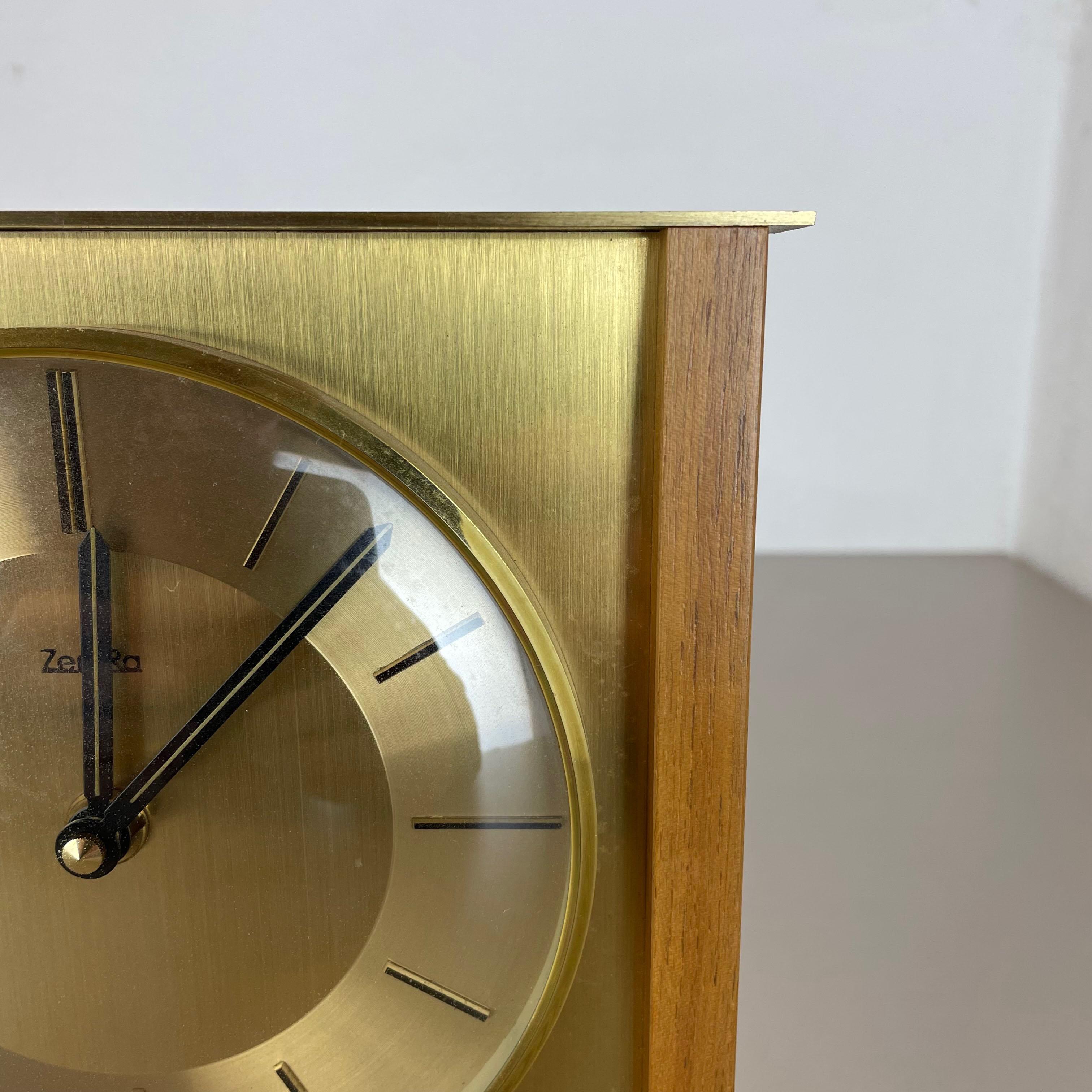 20th Century Vintage Modernist Wooden Teak Brass wall + Table Clock by Zentra, Germany For Sale