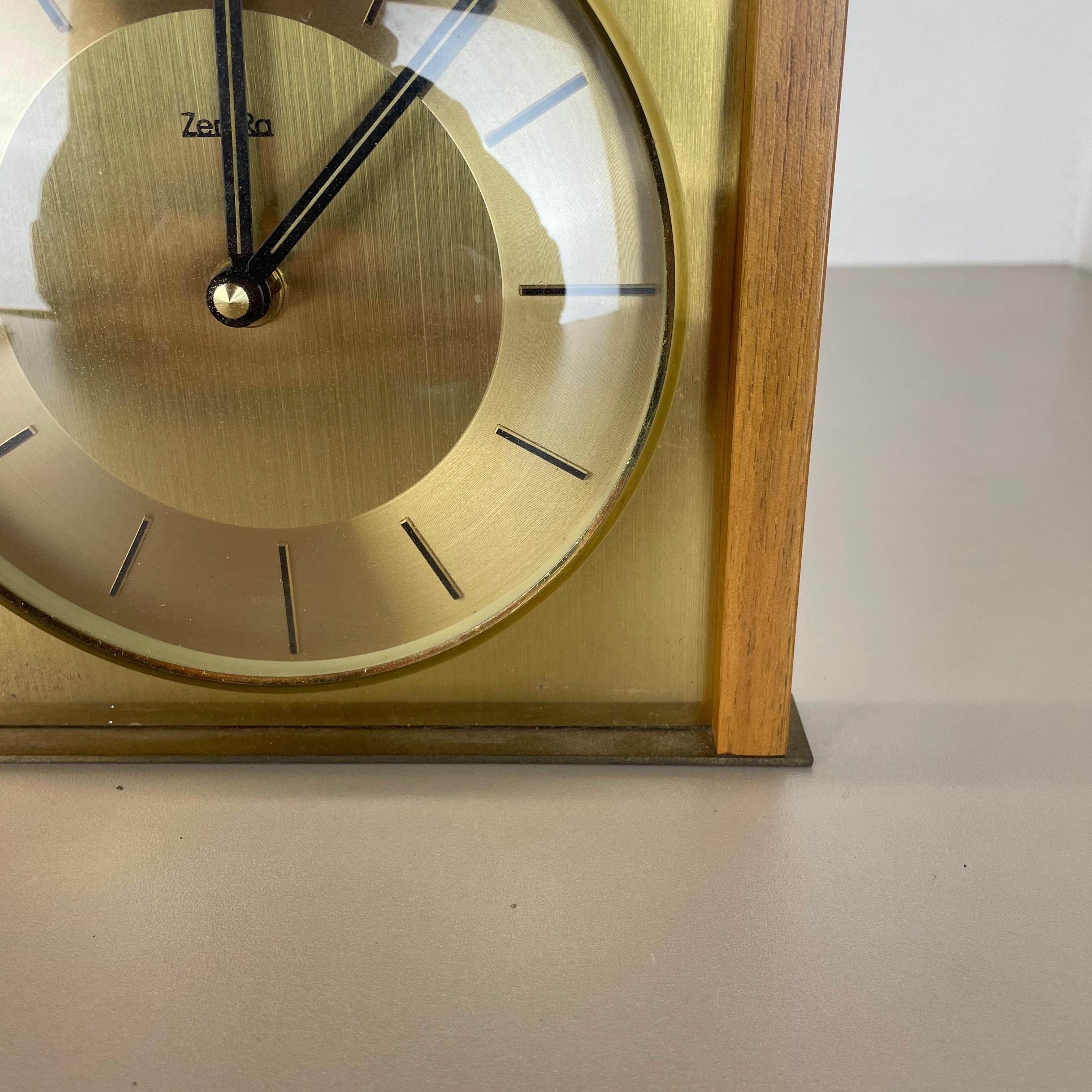 Metal Vintage Modernist Wooden Teak Brass wall + Table Clock by Zentra, Germany For Sale
