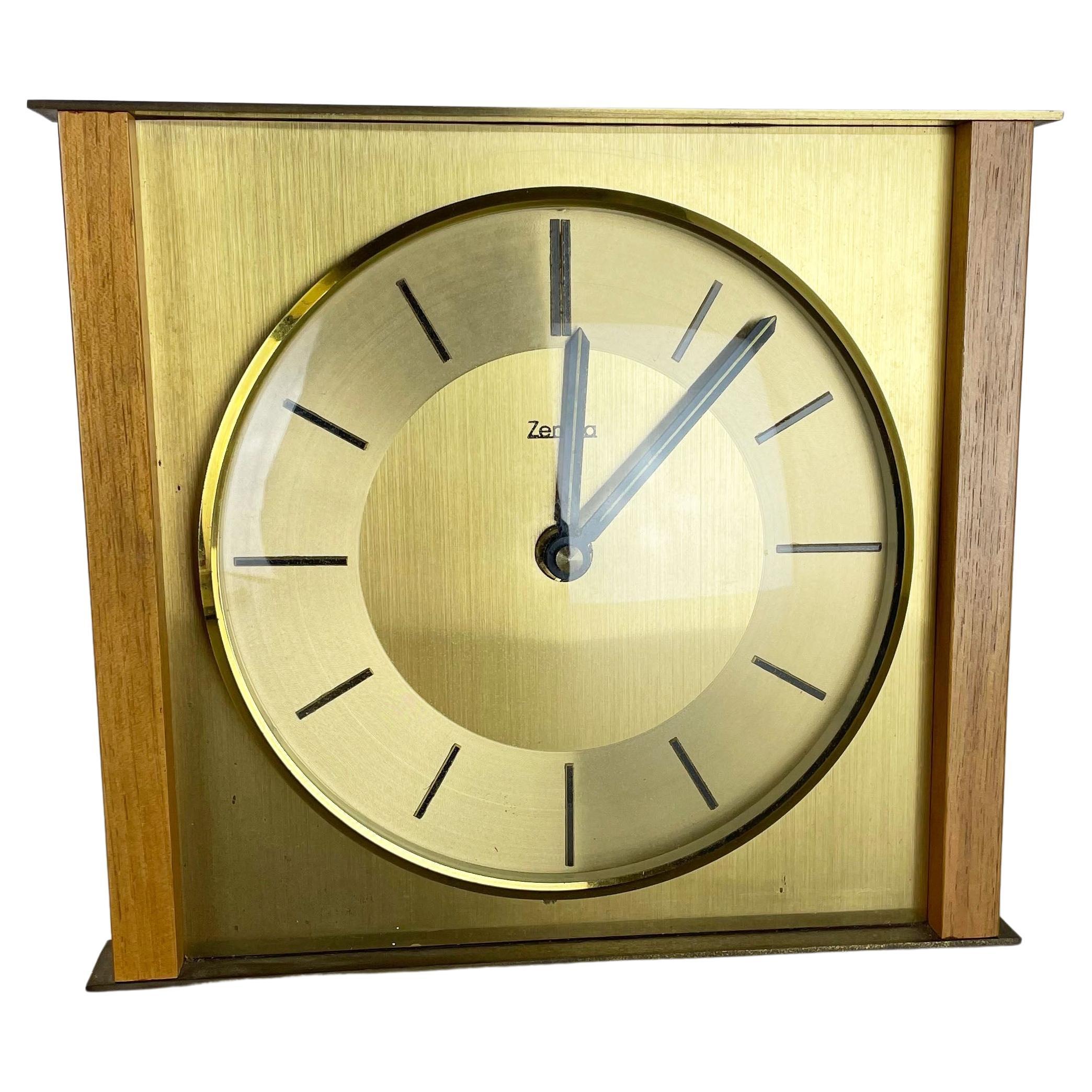 Vintage Modernist Wooden Teak Brass wall + Table Clock by Zentra, Germany For Sale