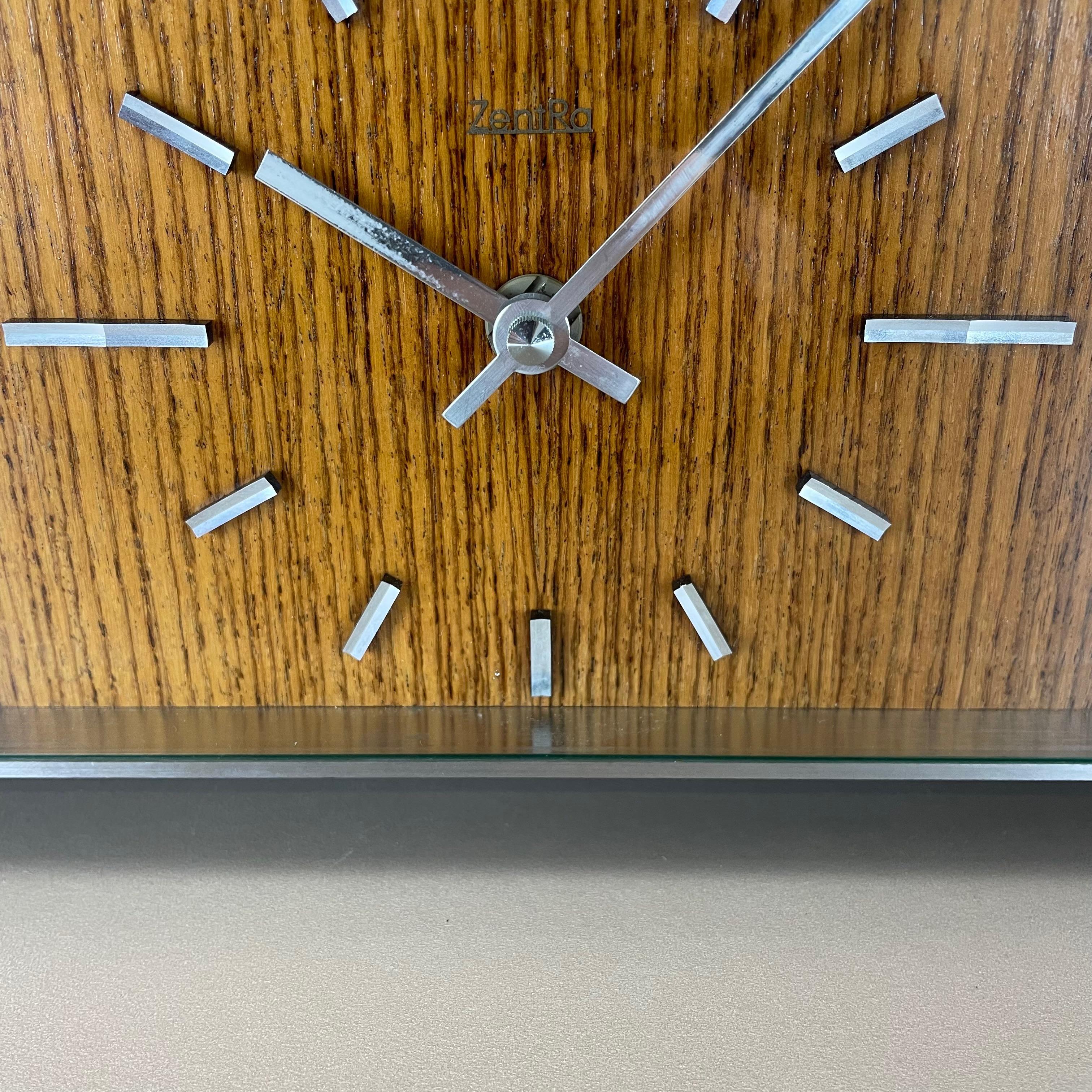 Mid-Century Modern Vintage Modernist Wooden Teak Metal Table Clock by Zentra, Germany 1970s For Sale