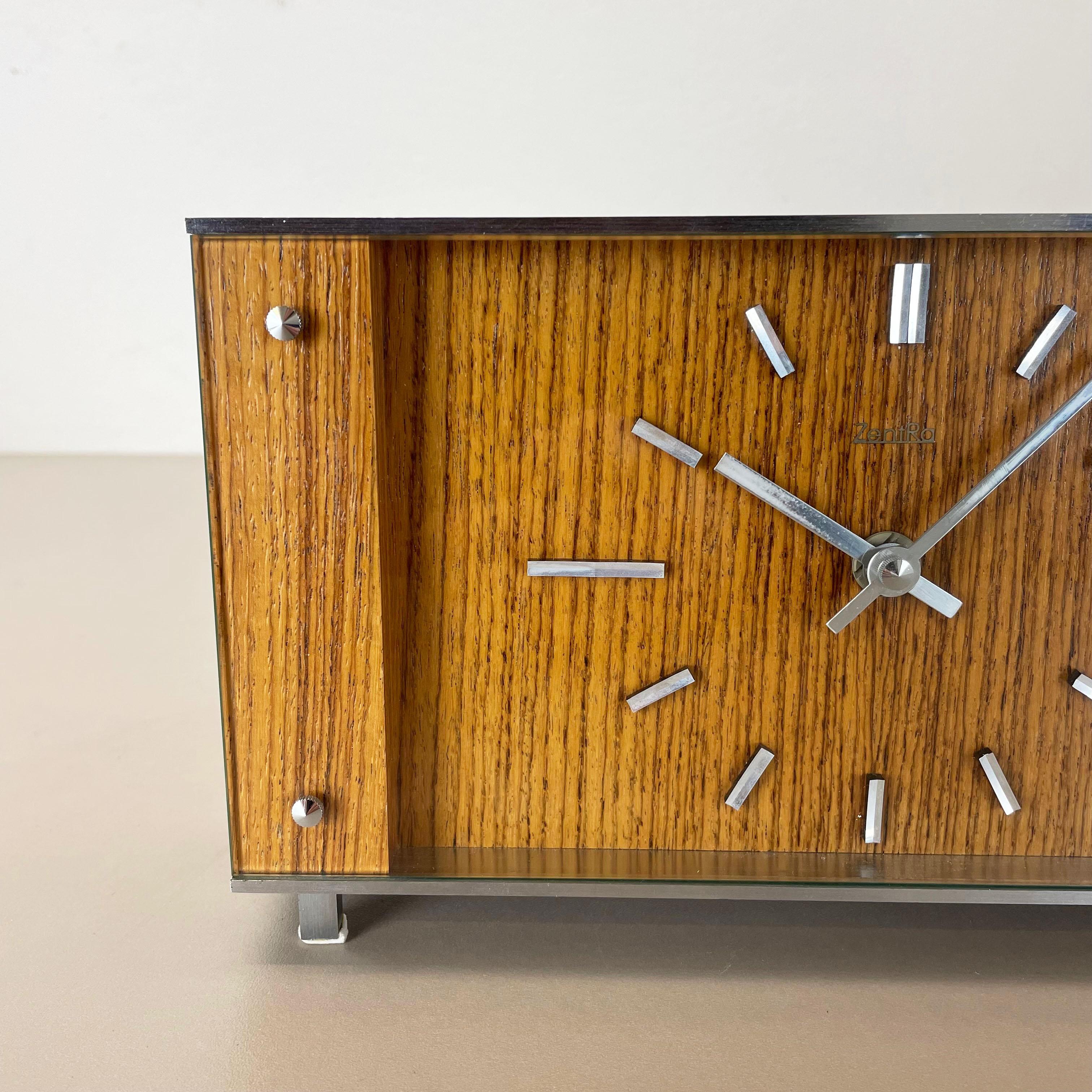 20th Century Vintage Modernist Wooden Teak Metal Table Clock by Zentra, Germany 1970s For Sale