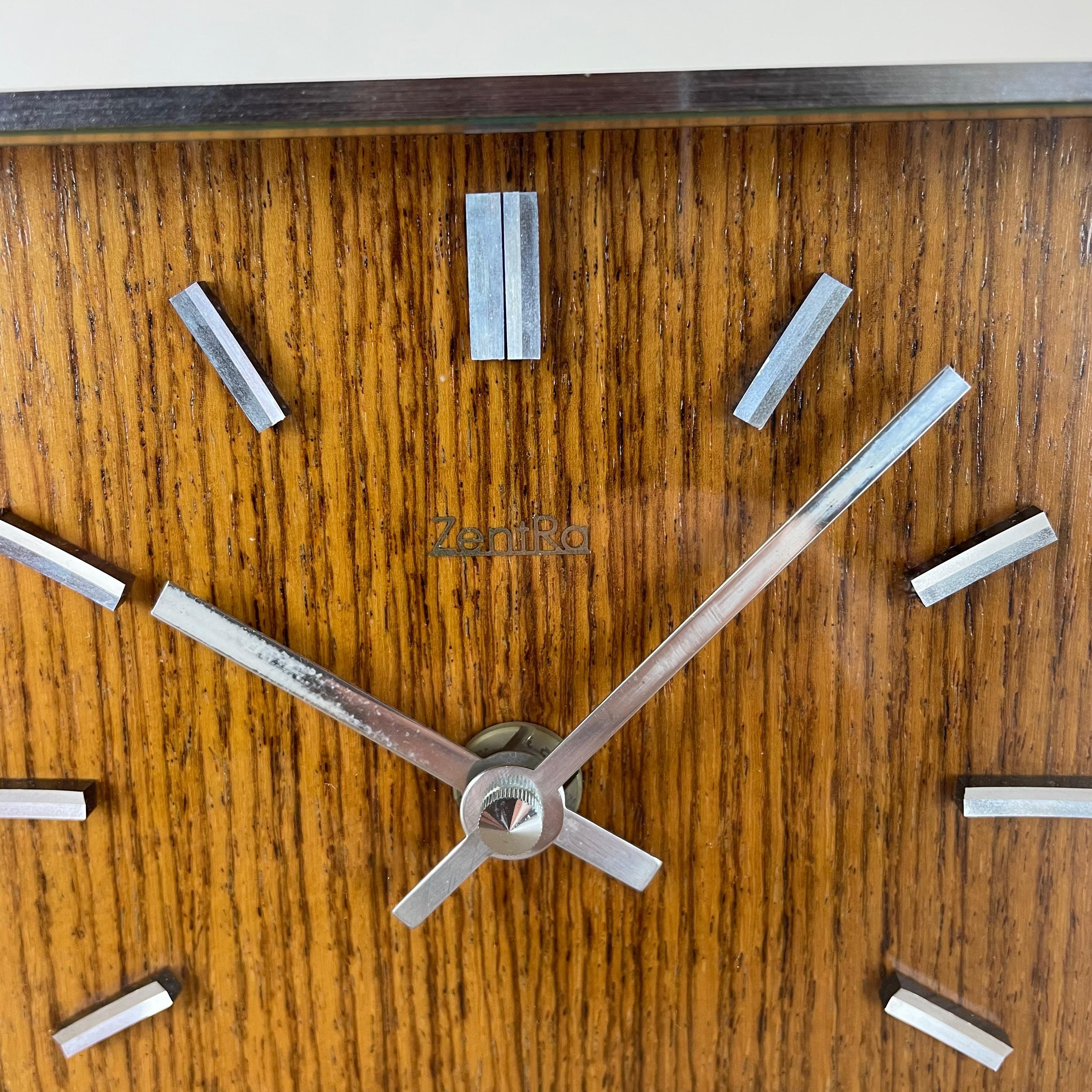 Vintage Modernist Wooden Teak Metal Table Clock by Zentra, Germany 1970s For Sale 1