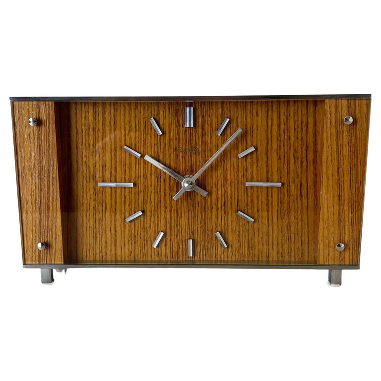Vintage Modernist Wooden Teak Metal Table Clock by Zentra, Germany