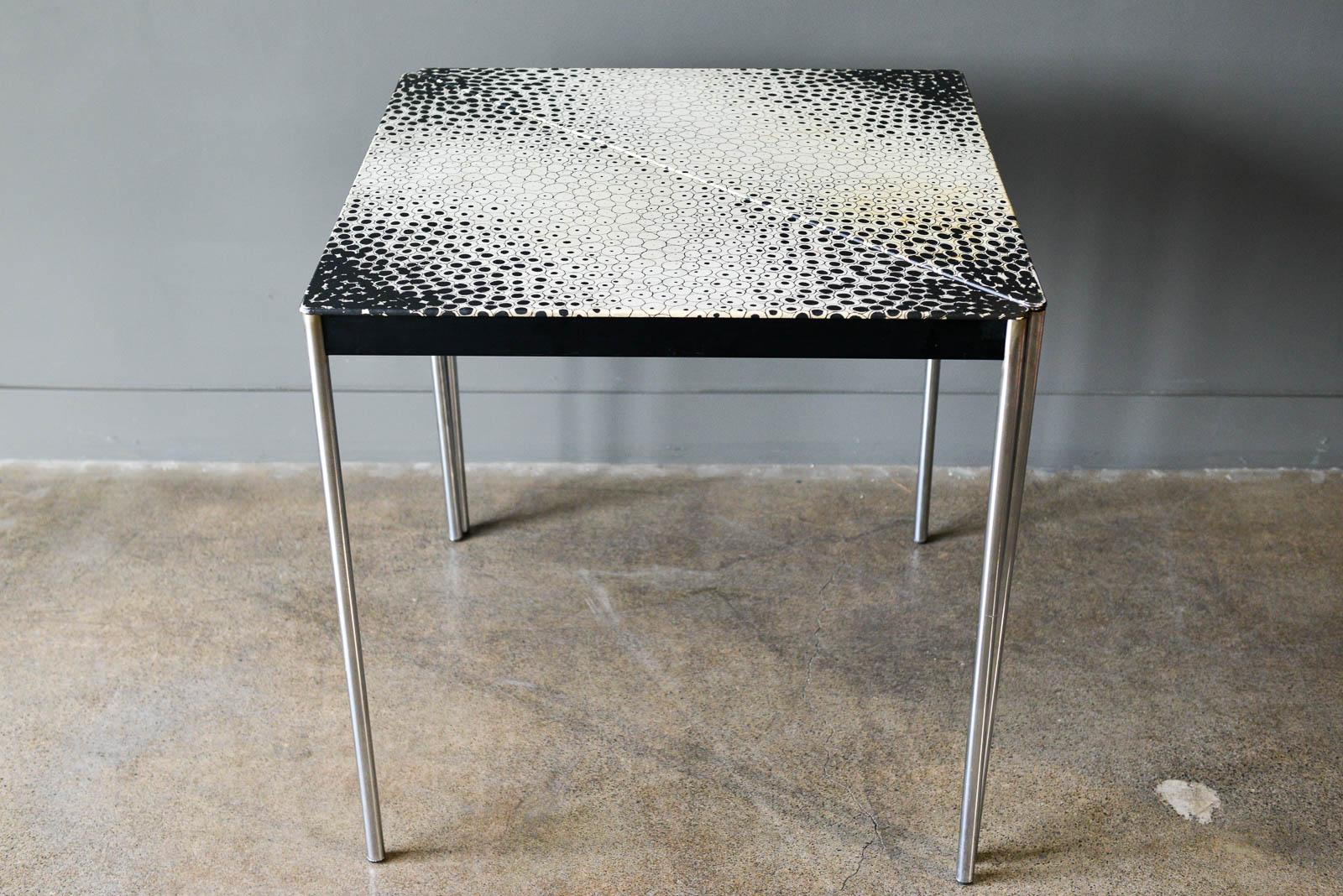 Vintage modular console or square table. 2 pieces can be configured any way you like. Covered in a great black and quote pattern.

Measure: 36