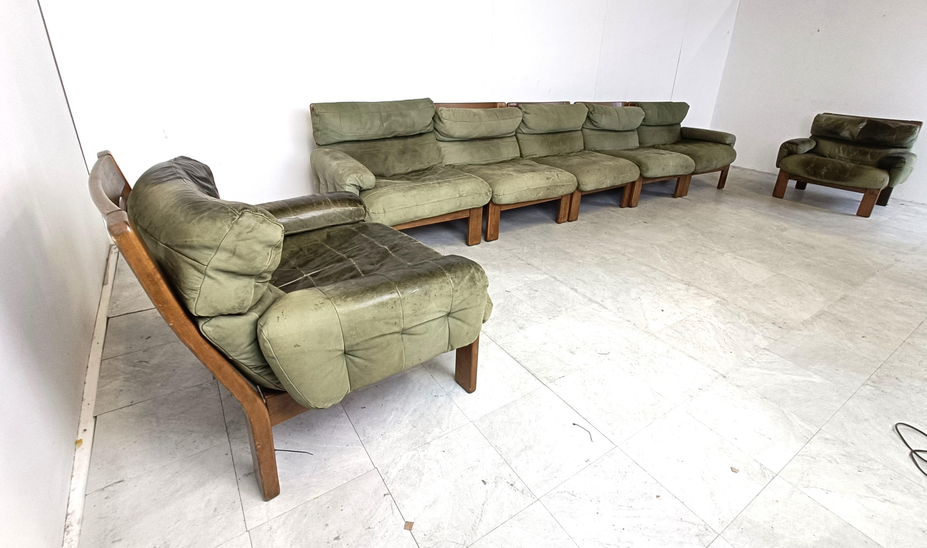 Mid-Century Modern Vintage modular green leather sofa, 1960s