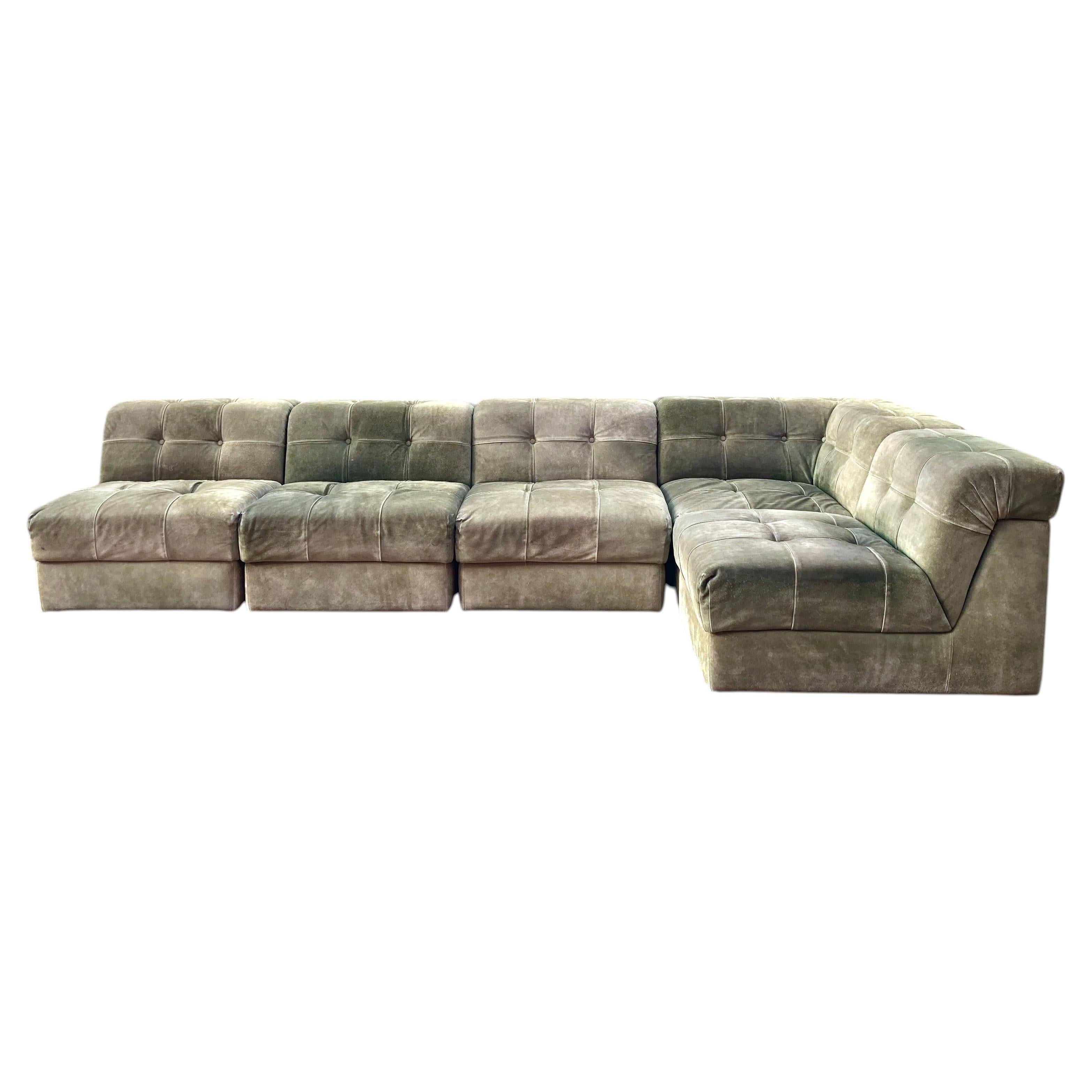Vintage Modular green suede Leather Living Room Suite Sectional Sofa