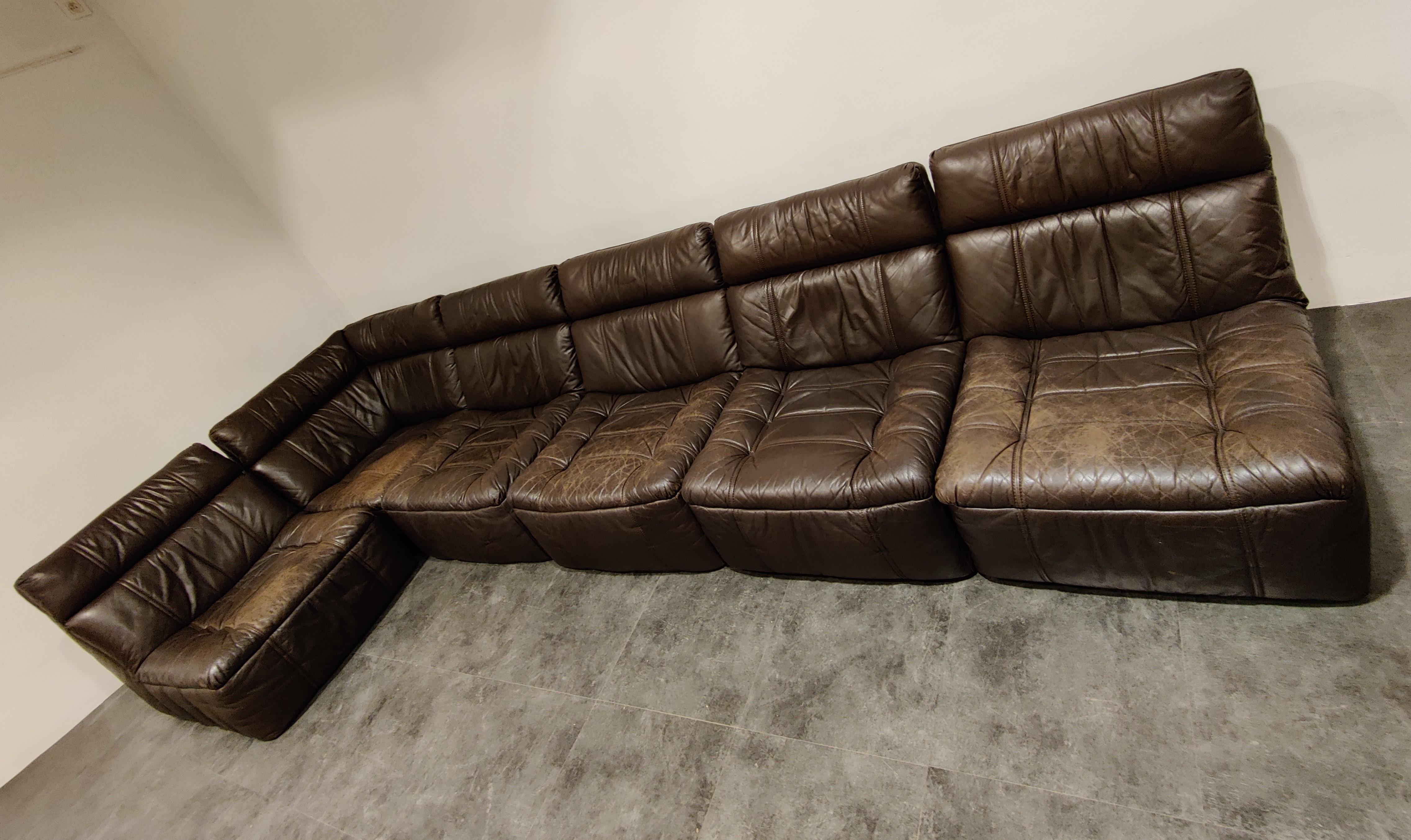 Modular brown leather sofa by Rolf Benz.

The set consists of 6 pieces.

The sofa is in good used condition, no tears, no holes and a lovely patina.

1970s, Germany

Dimensions:

Dimensions of a regular element:
Height 75cm/29.52