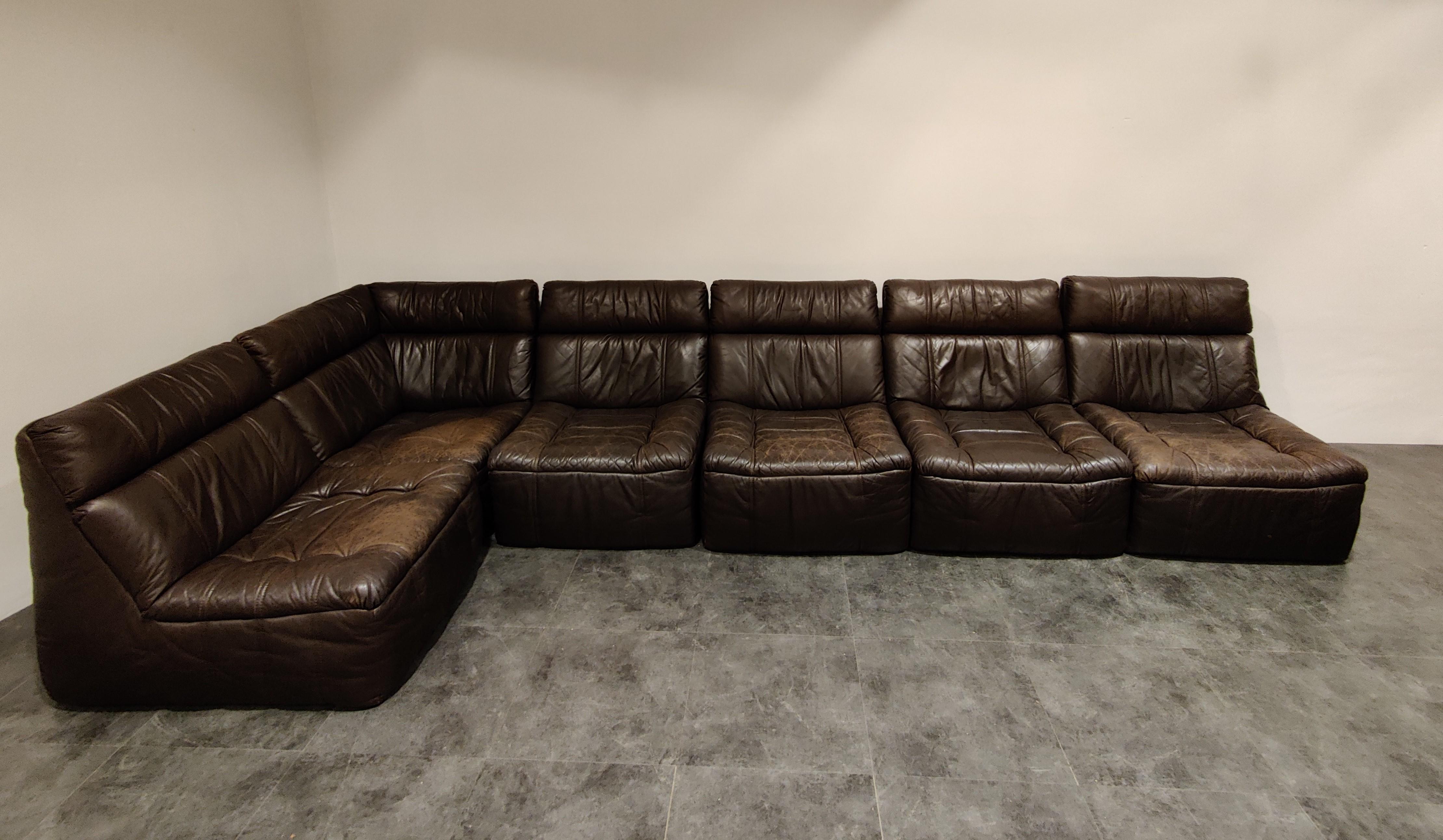 Mid-Century Modern Vintage Modular Leather Sofa by Rolf Benz, 1970s