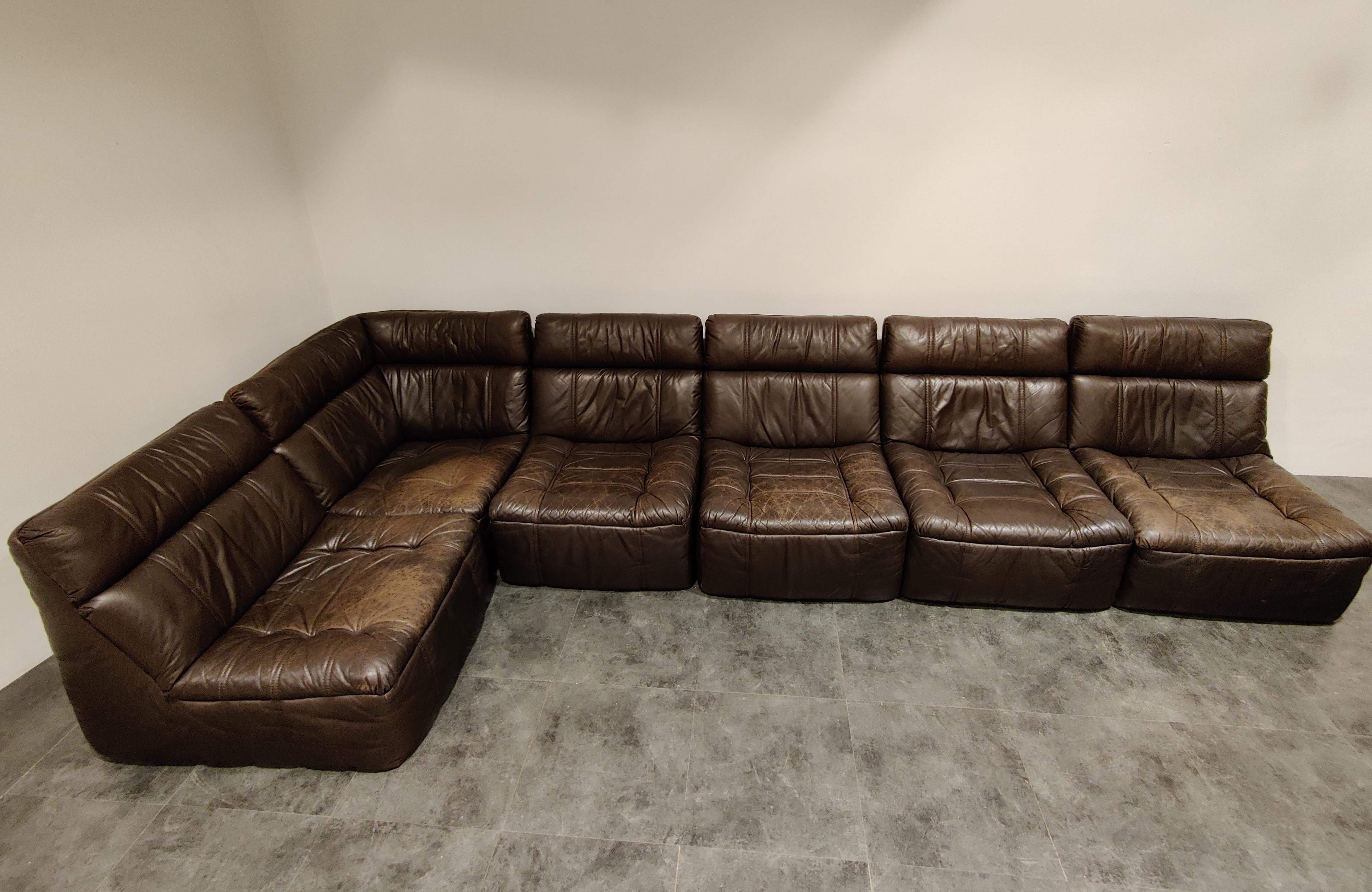 German Vintage Modular Leather Sofa by Rolf Benz, 1970s