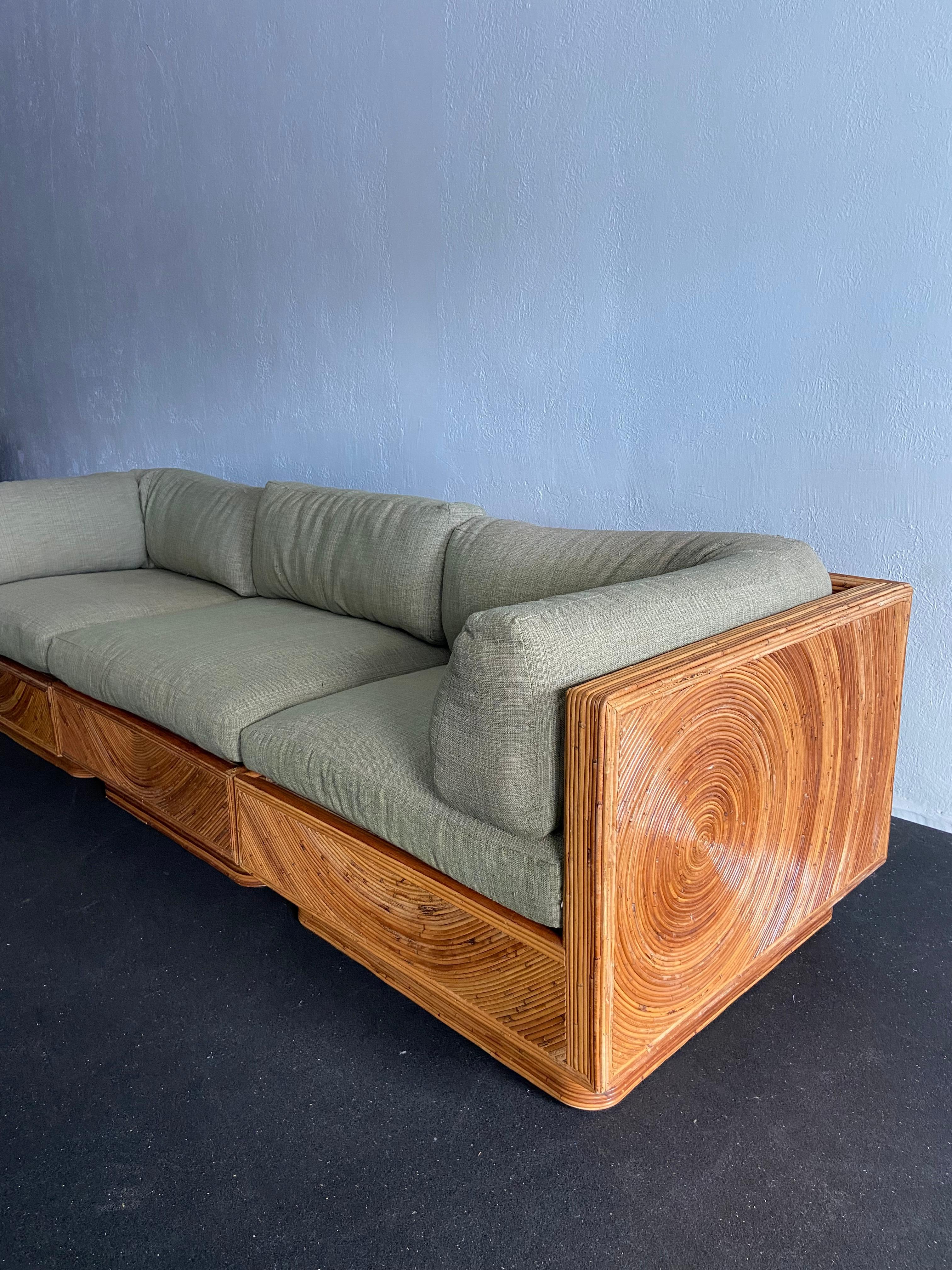 Vintage modular pencil reed sofa by Adrian Pearsall for Comfort Designs. Signed. Cushions were updated at some point as the base upholstery remains original, however both show signs of wear and reupholstery is highly recommended. 

Would work well