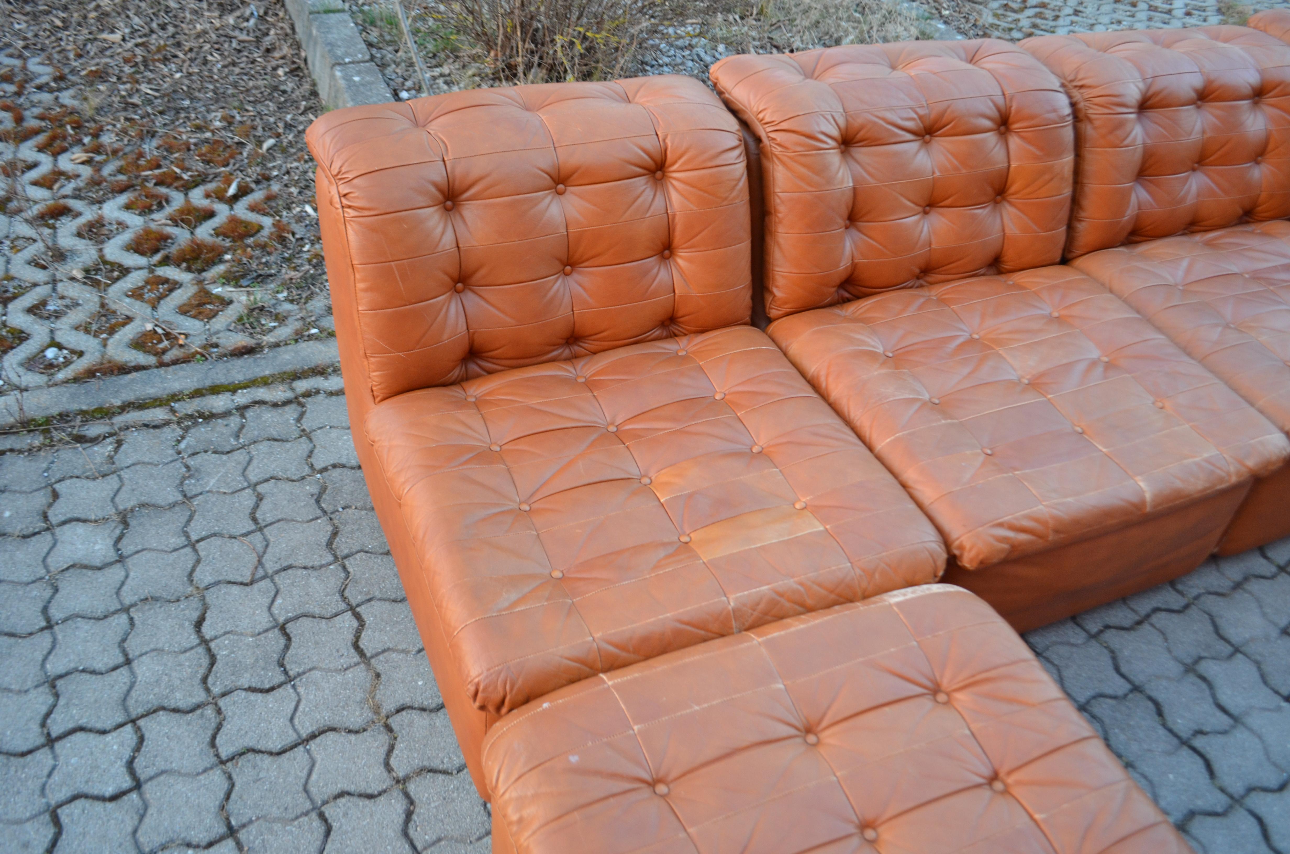 Sofá de salón modular vintage de cuero coñac brandy, Alemania, 1970 9
