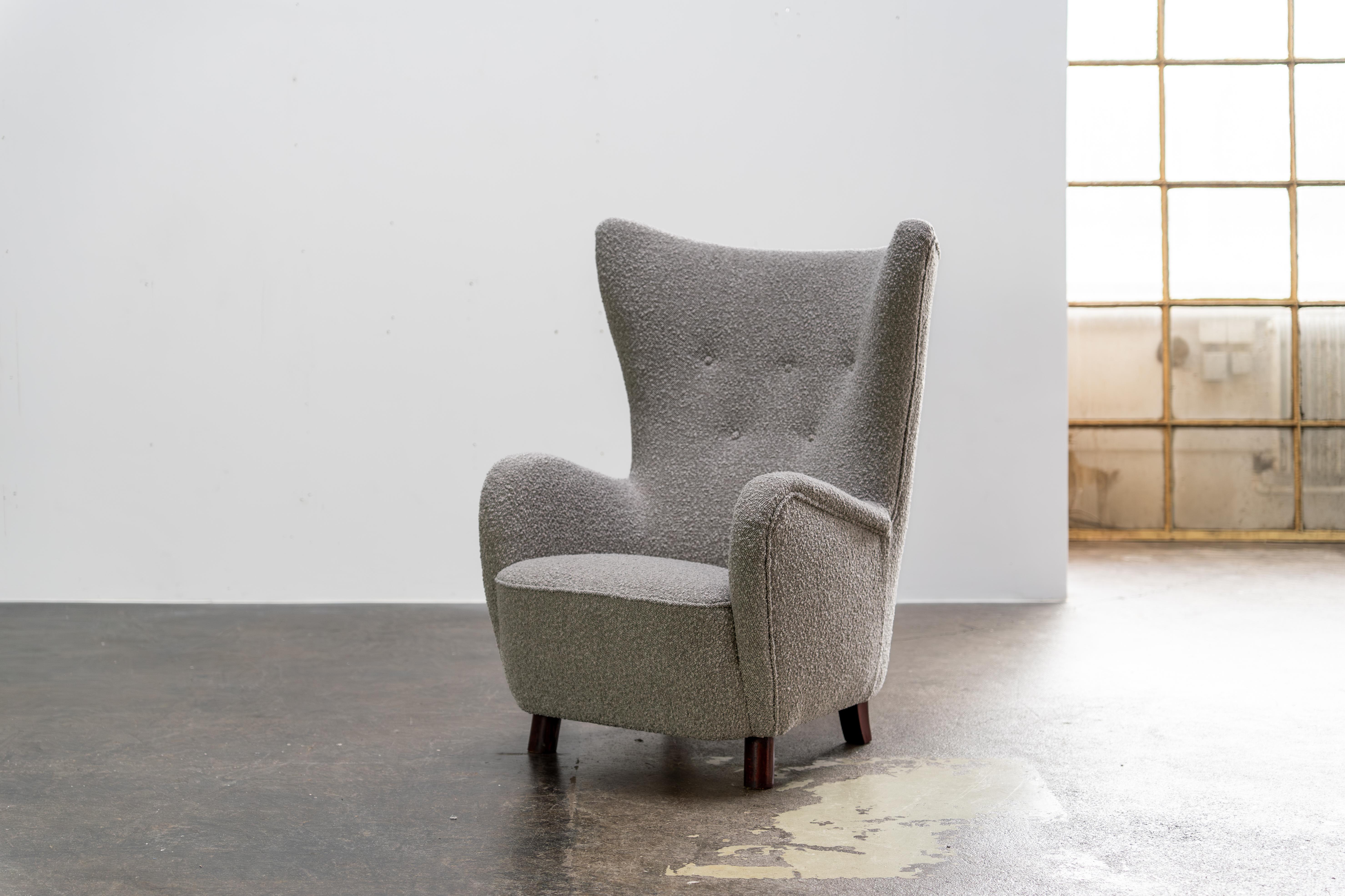 Scandinavian Modern Vintage Mogens Lassen Wingback Chairs From Denmark, Boucle Fabric, 1950s For Sale