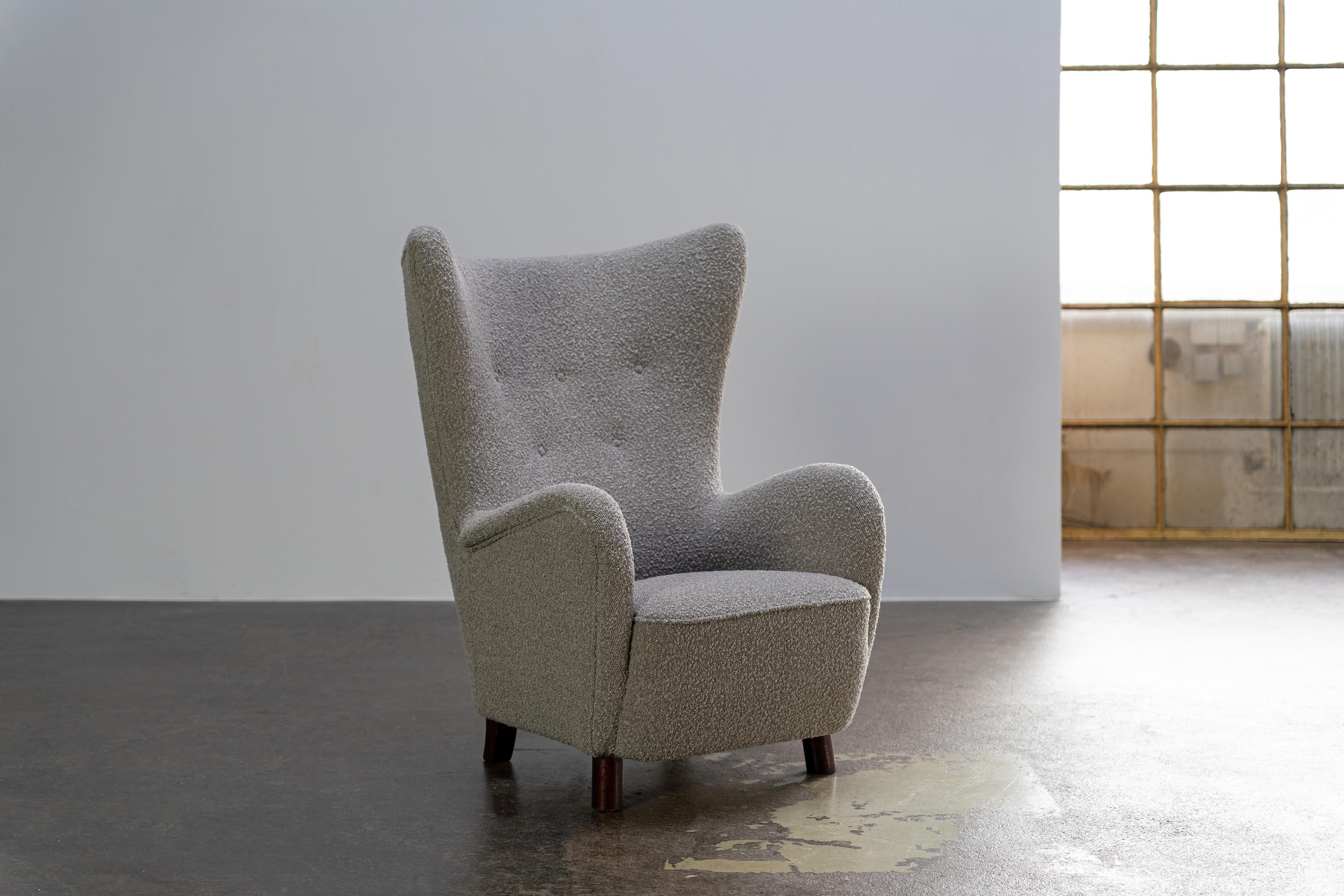 Vintage Mogens Lassen Wingback Chairs From Denmark, Boucle Fabric, 1950s For Sale 2