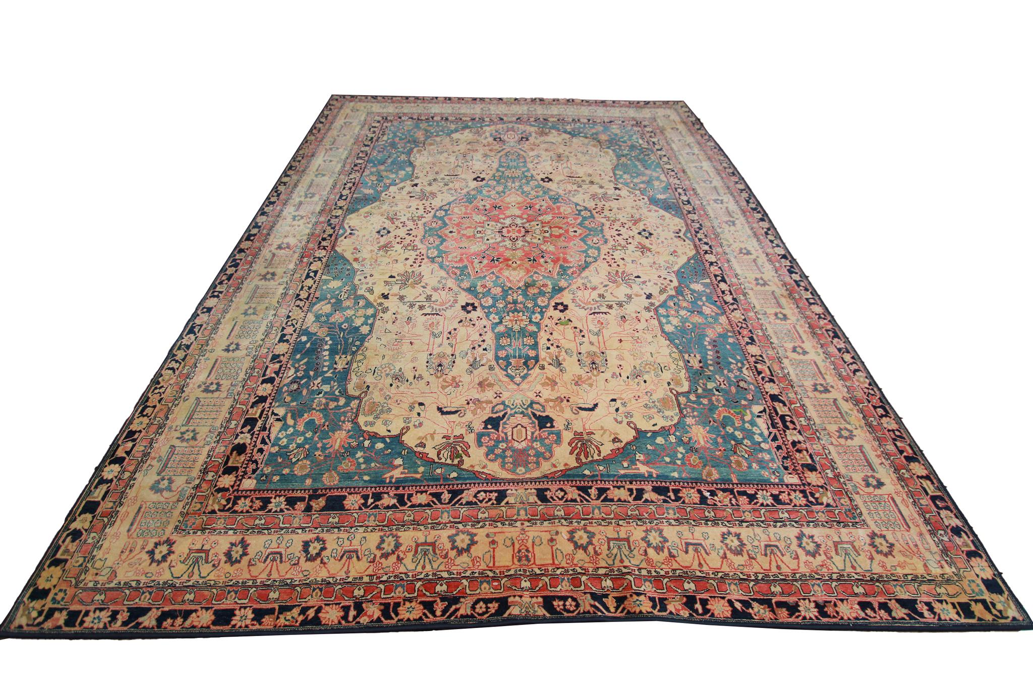 Annodato a mano Tappeto vintage Mohtasham Tappeto fatto a mano di alta qualità 10x13 298cm x 397cm in vendita