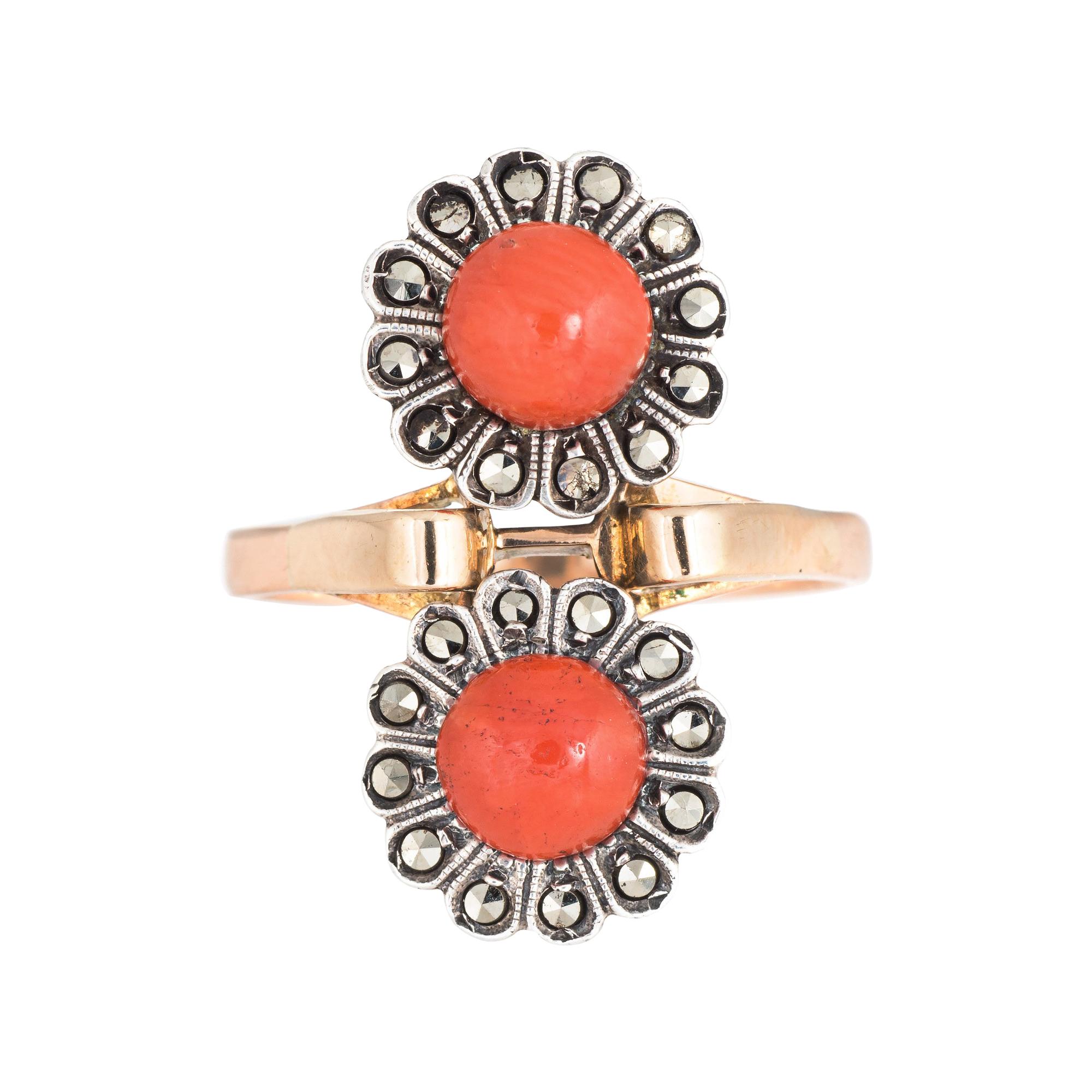 Vintage Moi Et Toi Coral Ring 18 Karat Gold Marcasite Double Flower Jewelry