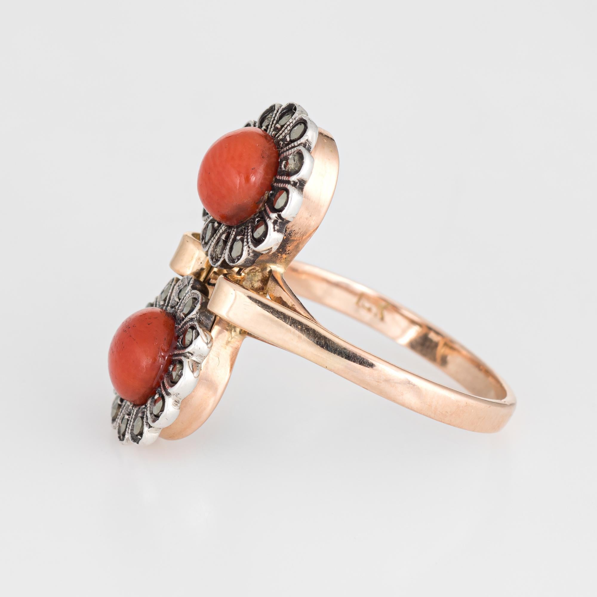 Modern Vintage Moi Et Toi Coral Ring 18 Karat Gold Marcasite Double Flower Jewelry