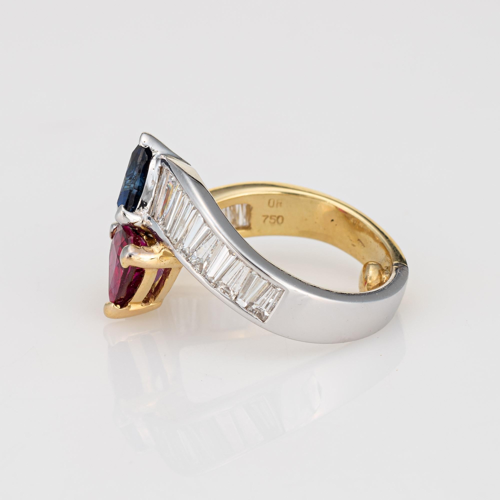 Trillion Cut Vintage Moi et Toi Ring Natural Ruby Sapphire Diamond CERT 18k Gold Engagement