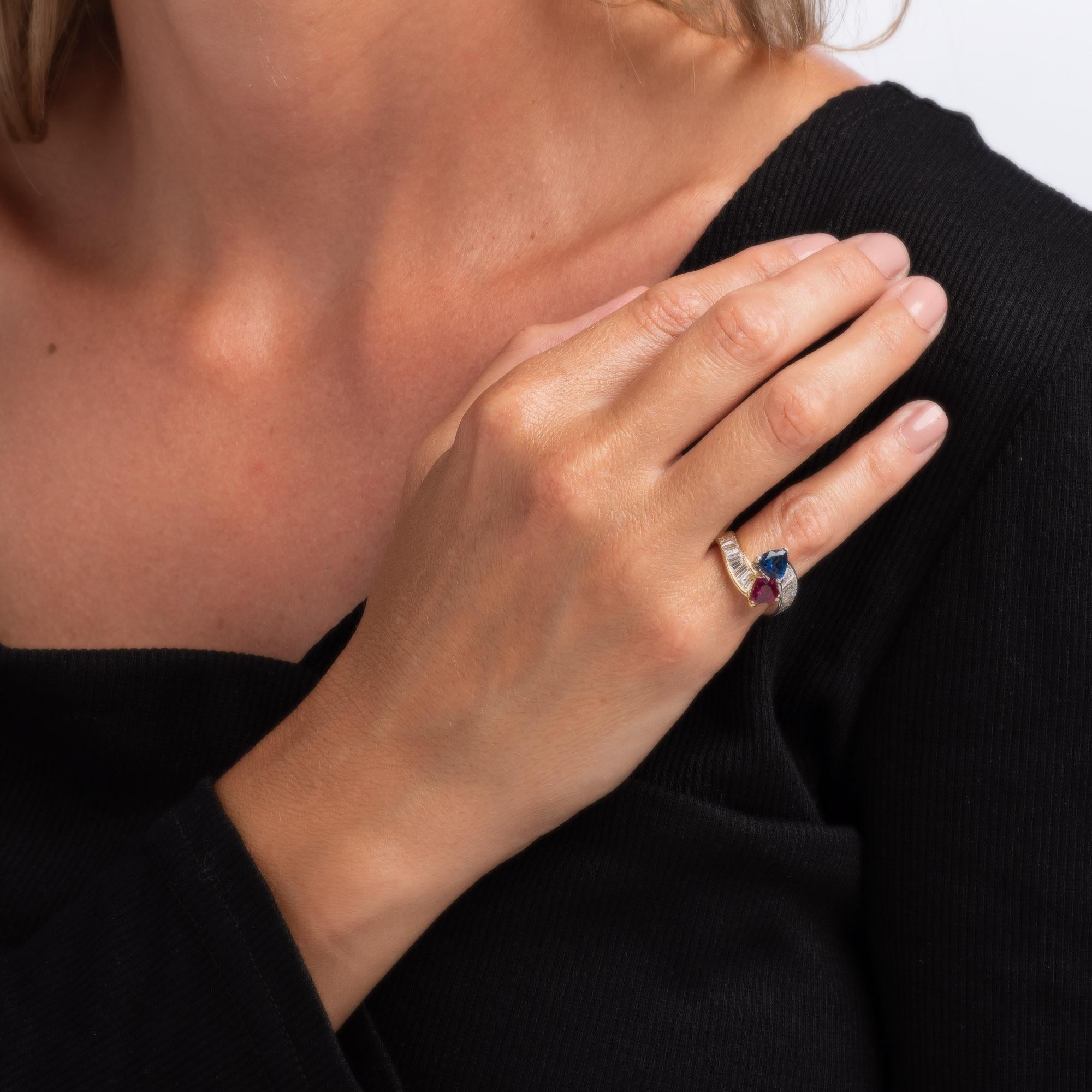 Women's Vintage Moi et Toi Ring Natural Ruby Sapphire Diamond CERT 18k Gold Engagement