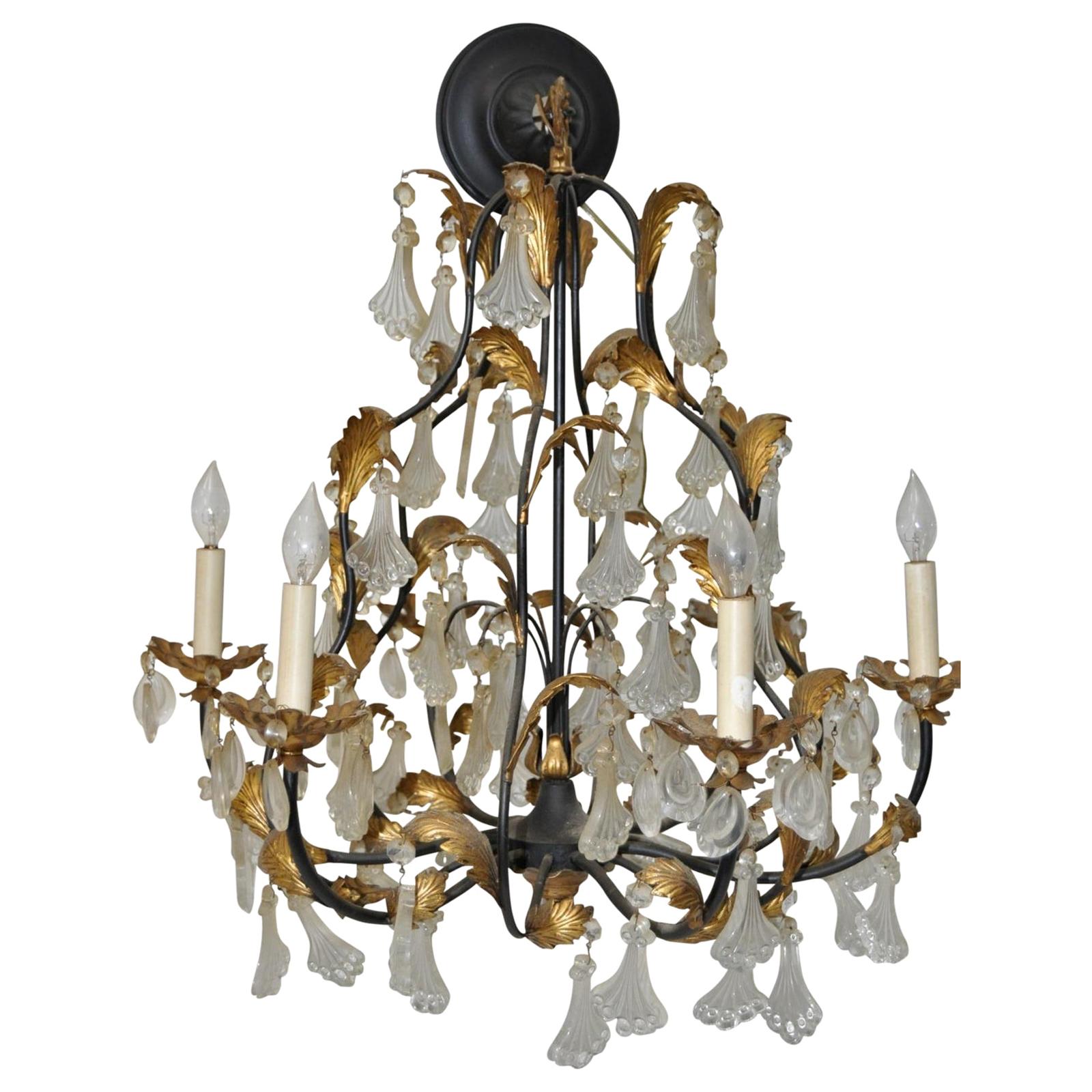 Vintage Molded Glass and Gilded Iron Leaves Chandelier, 1940s