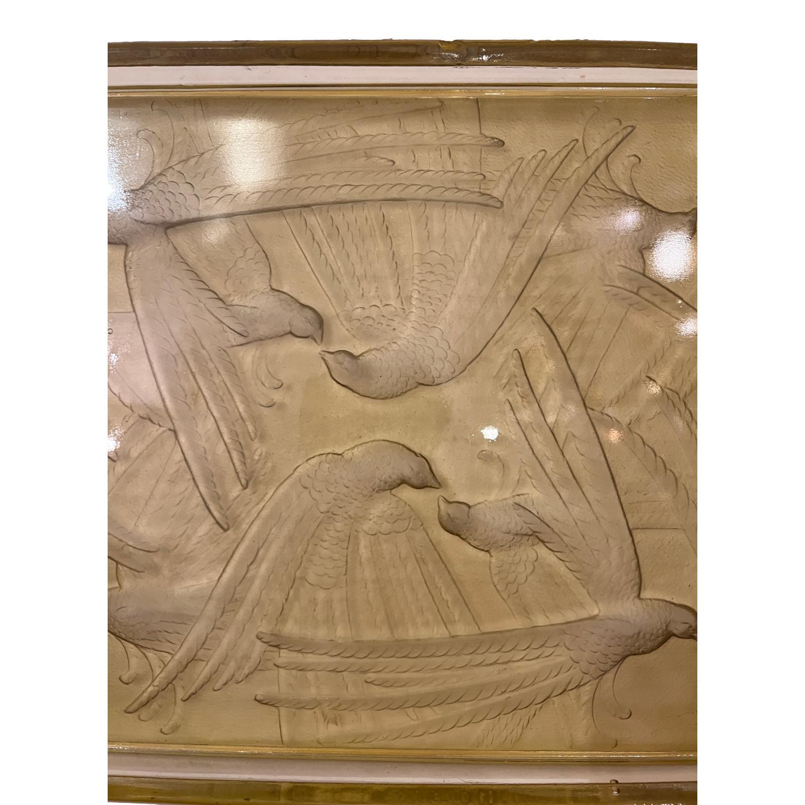 A circa 1930's French molded glass amber tray with birds.

Measurements:
Width: 14