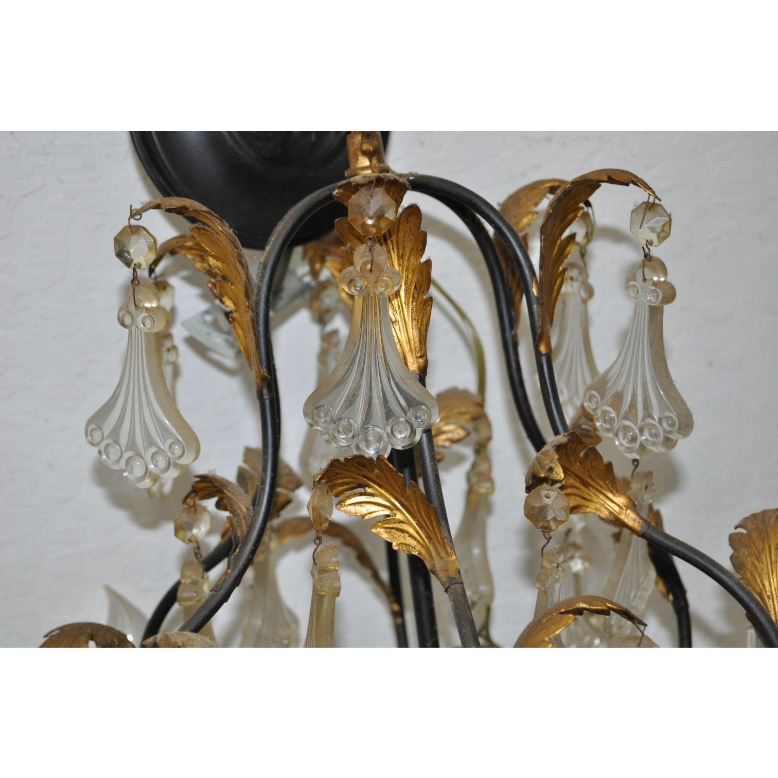 Art Deco Vintage Molded Glass and Gilded Iron Leaves Chandelier, 1940s