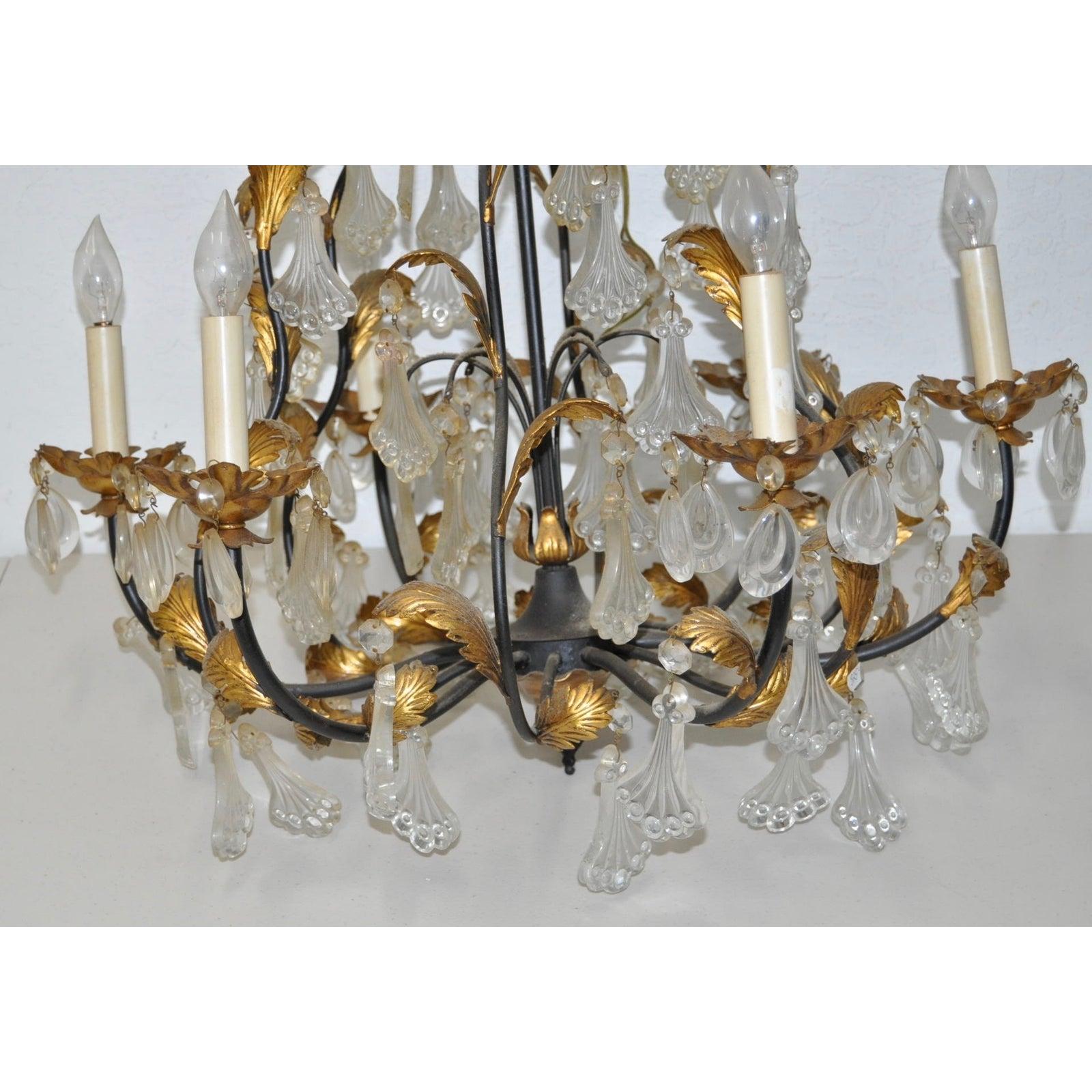 American Vintage Molded Glass and Gilded Iron Leaves Chandelier, 1940s