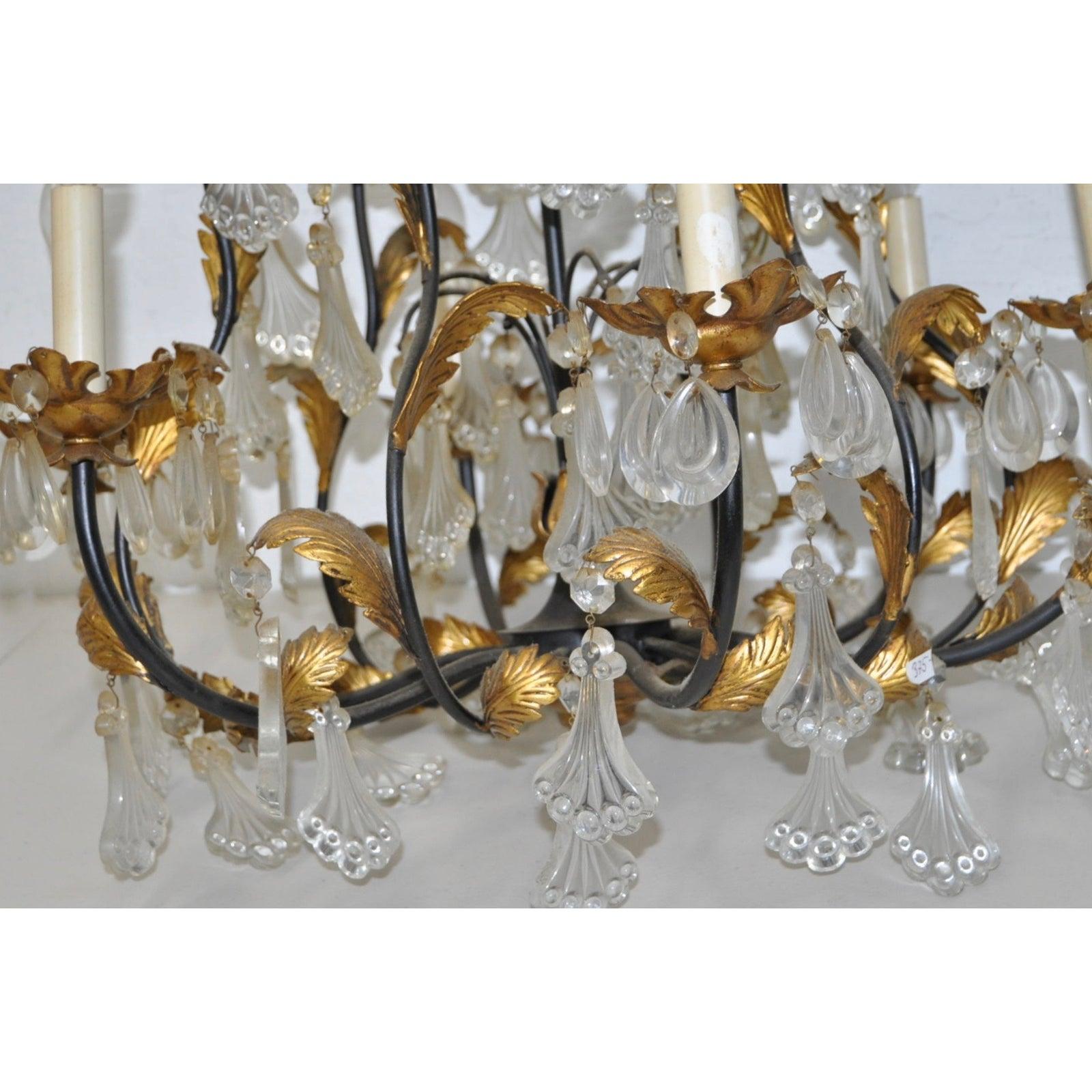 Gilt Vintage Molded Glass and Gilded Iron Leaves Chandelier, 1940s