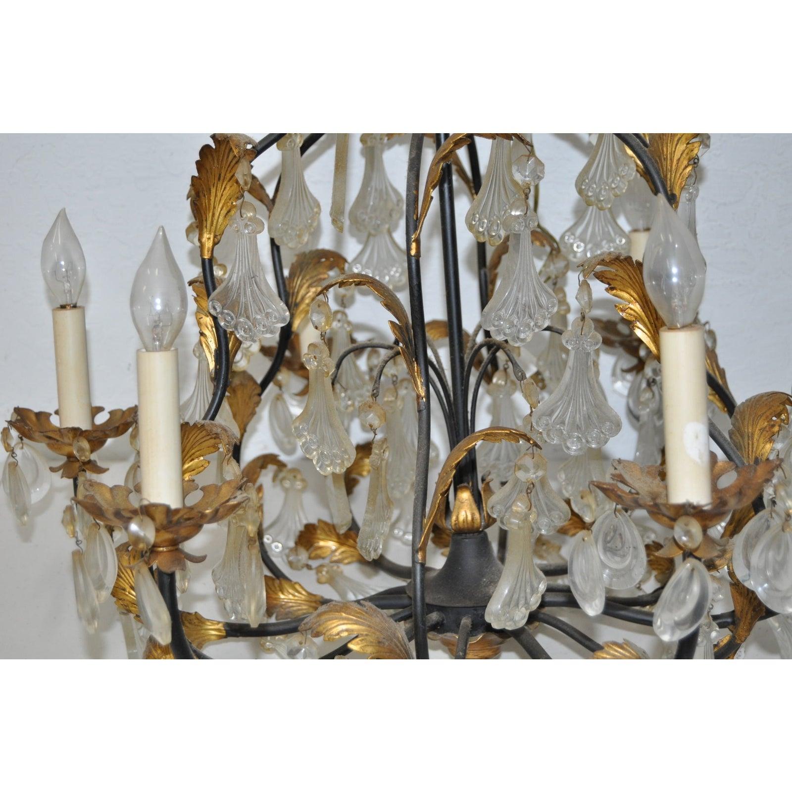 Vintage Molded Glass and Gilded Iron Leaves Chandelier, 1940s In Good Condition In San Francisco, CA