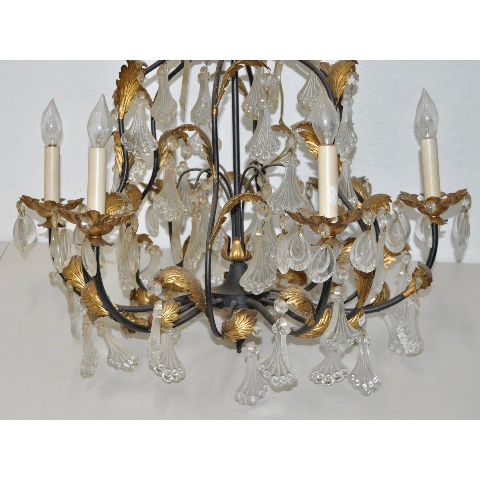 20th Century Vintage Molded Glass and Gilded Iron Leaves Chandelier, 1940s