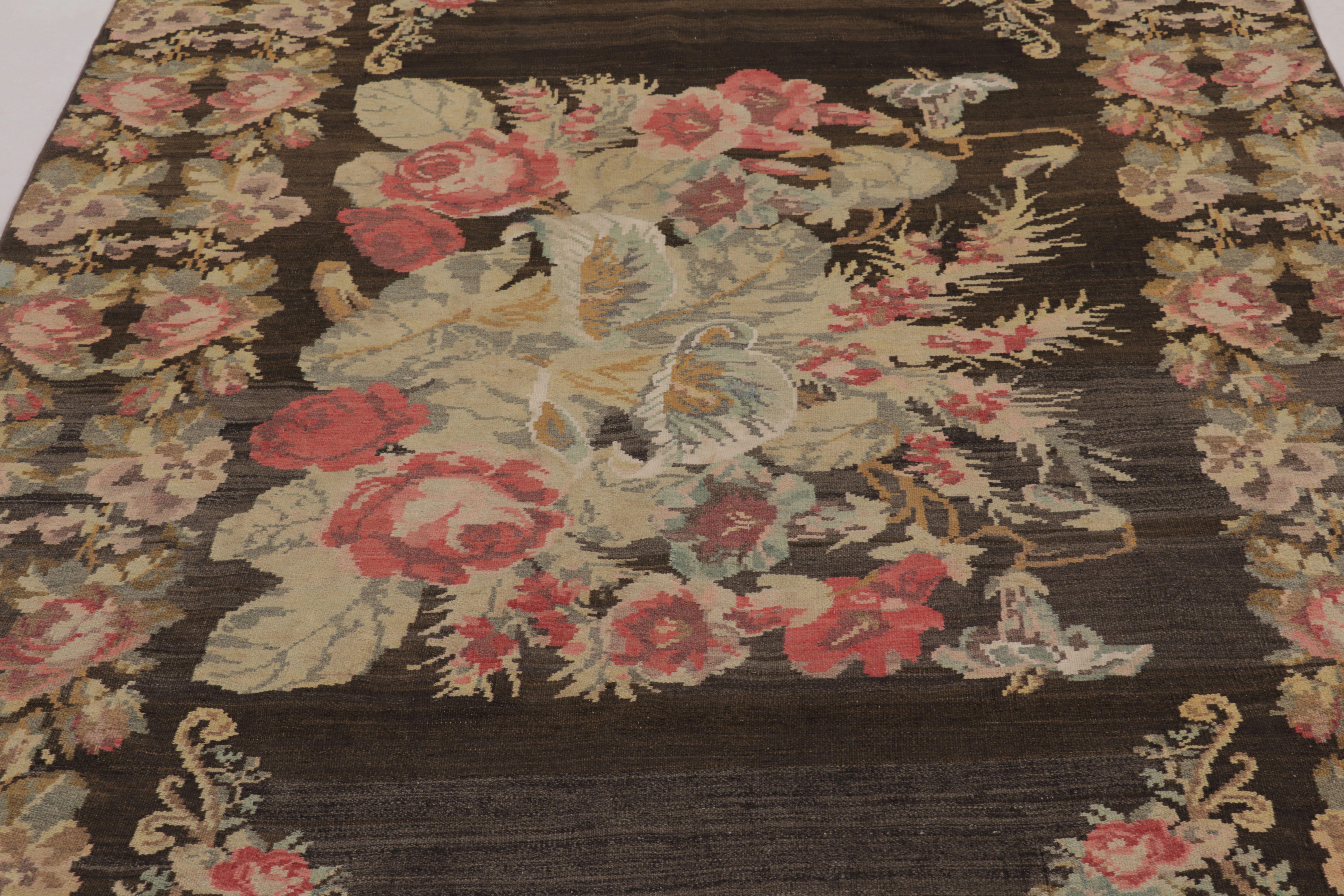 Hand-Woven Vintage Moldovan Bessarabian Kilim, Rich Brown with Floral Sprays - Rug & Kilim For Sale