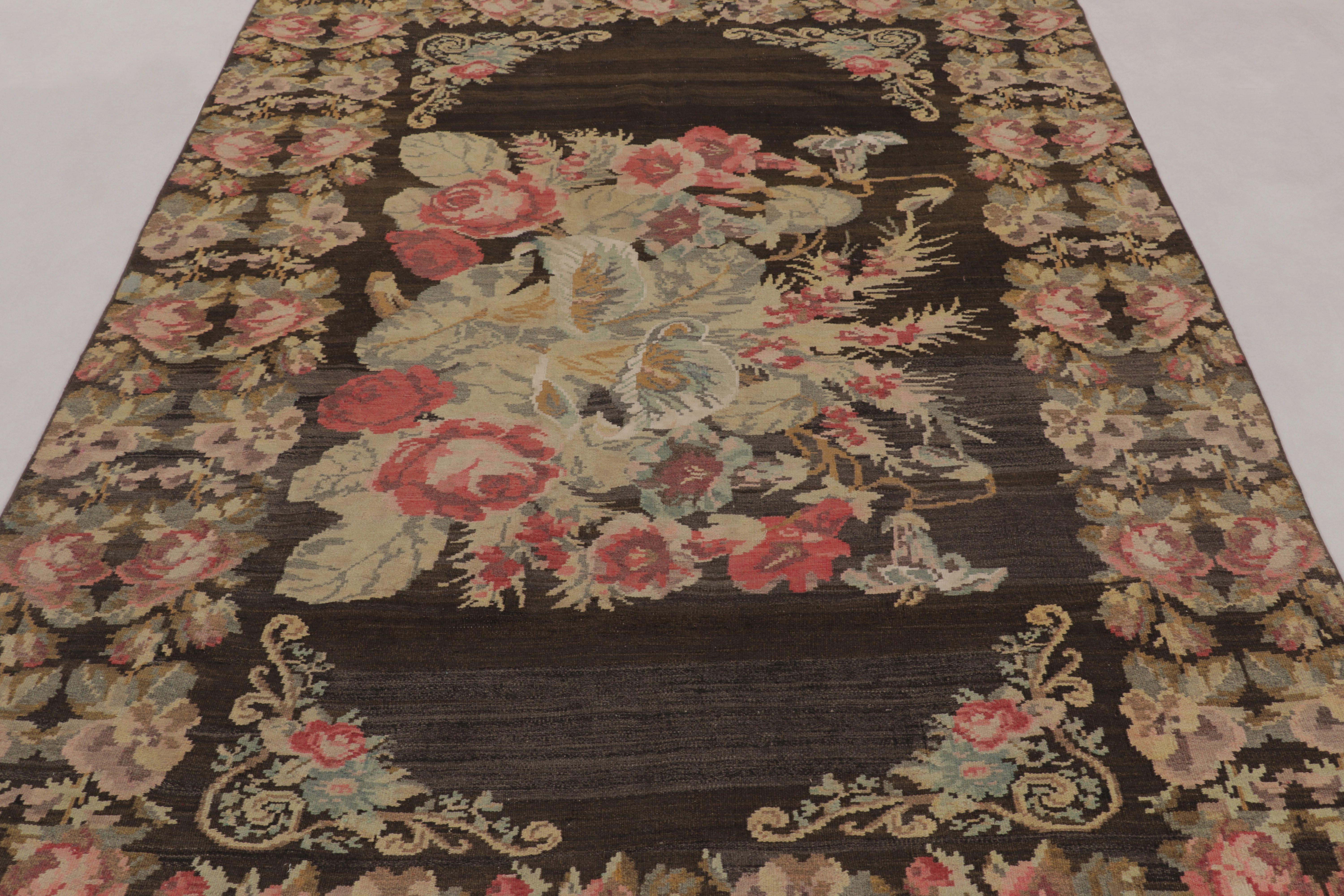 Wool Vintage Moldovan Bessarabian Kilim, Rich Brown with Floral Sprays - Rug & Kilim For Sale
