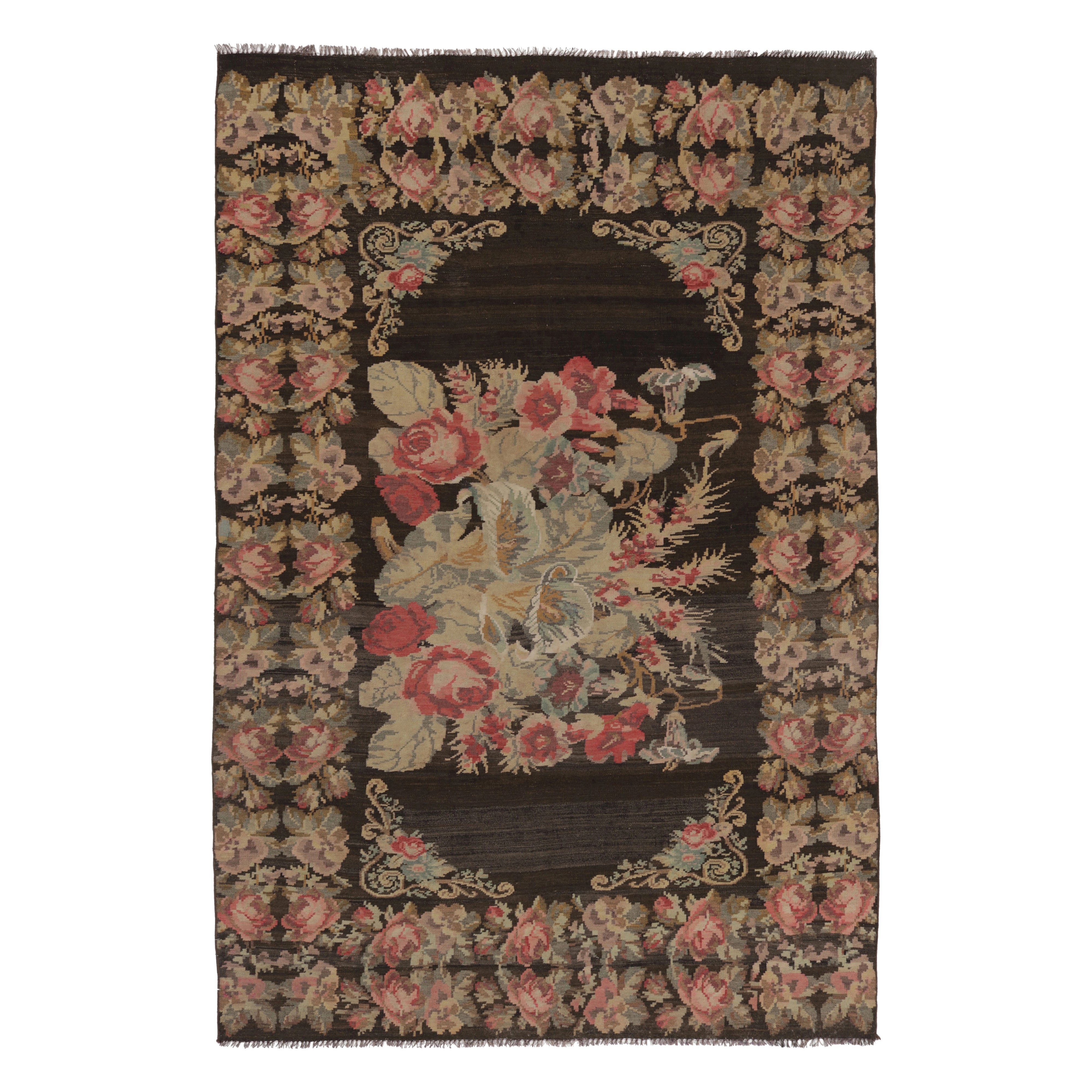 Vintage Moldovan Bessarabian Kilim, Rich Brown with Floral Sprays - Rug 
Kilim For Sale