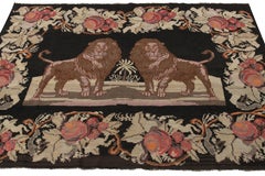 Vintage Bessarabian Kilim, Black with Lion Pictorials and Florals - Rug & Kilim