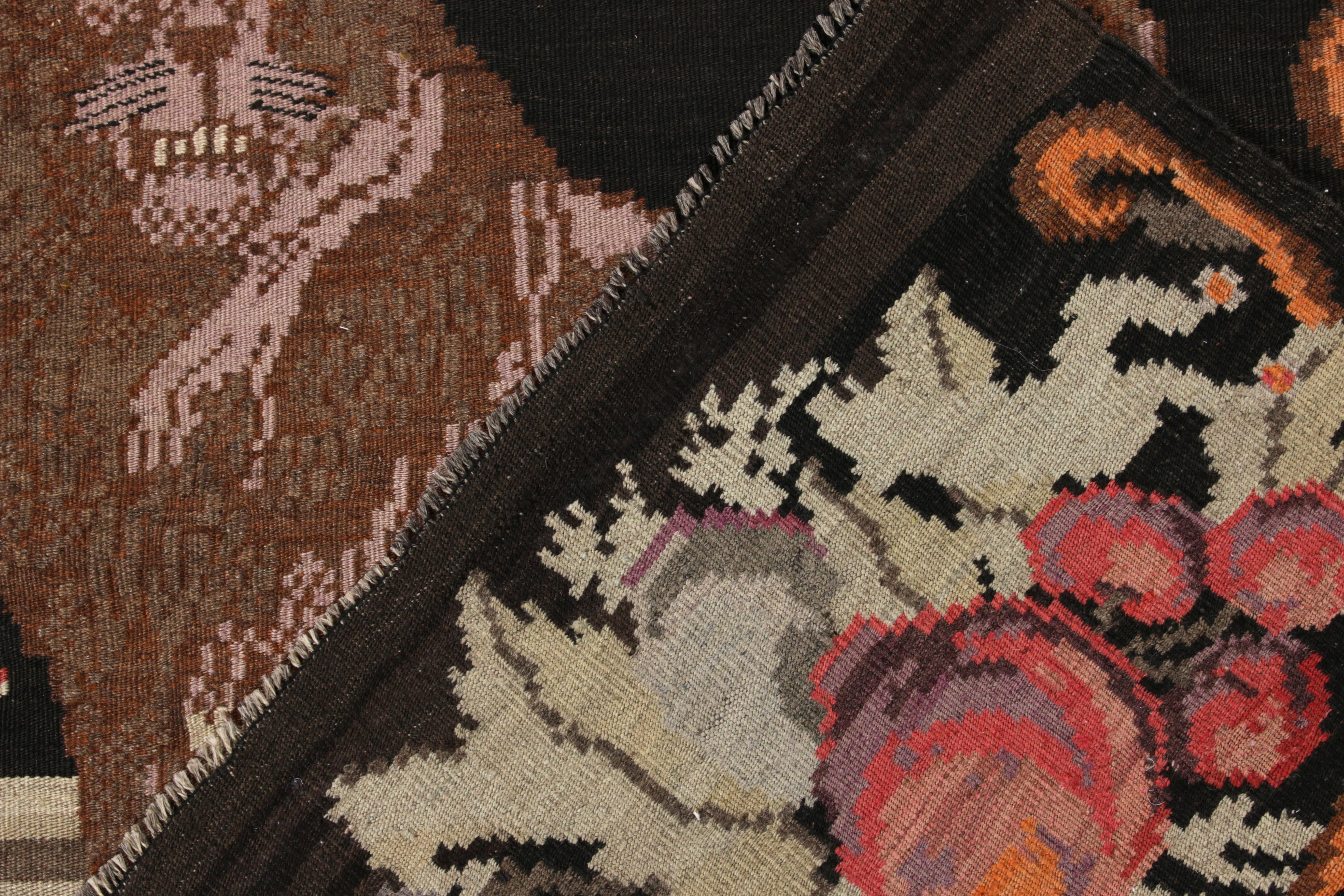 Vintage Moldovian Kilim Rug in Black, Grey, Pink, Brown Floral Pattern In Good Condition For Sale In Long Island City, NY