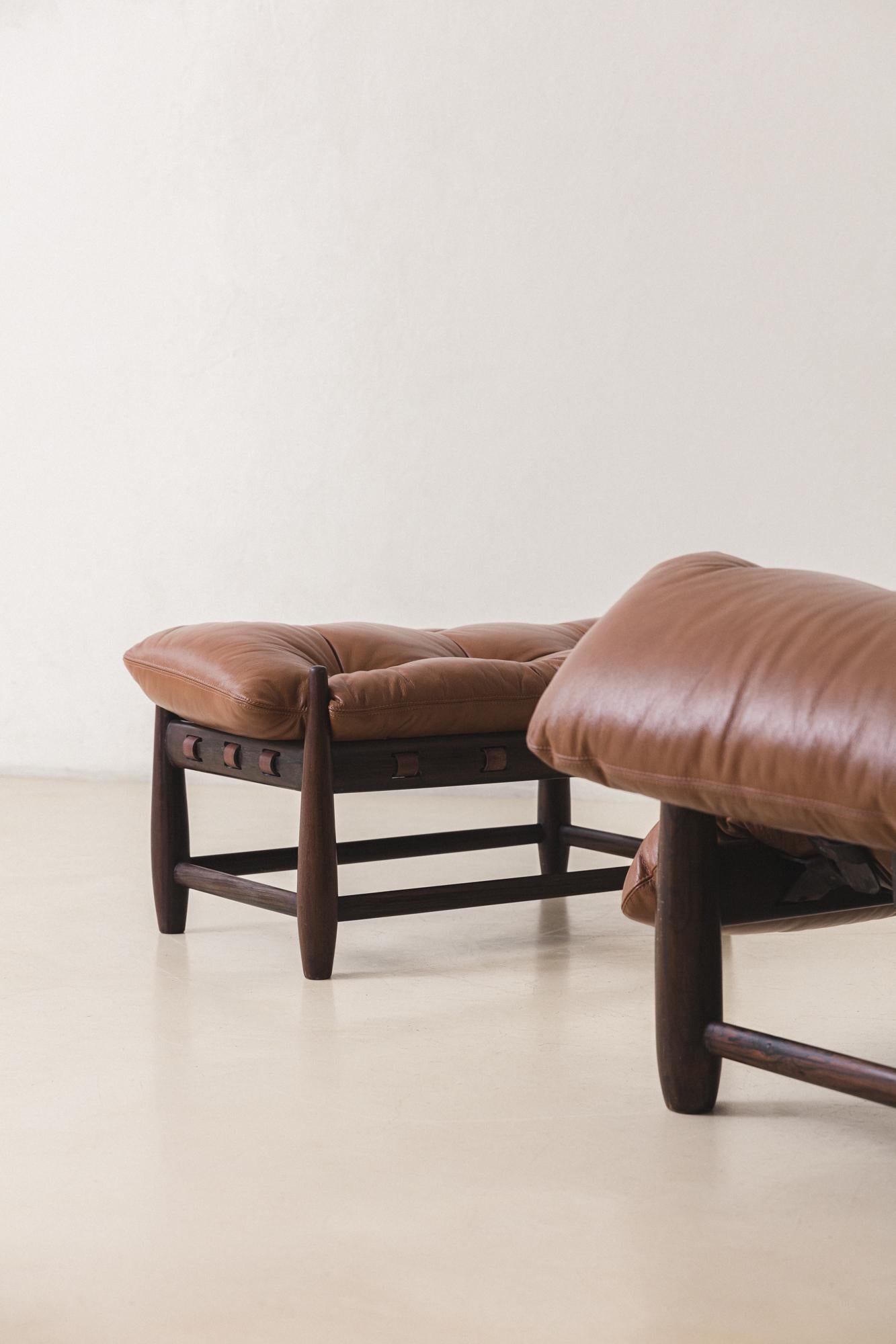 Leather Vintage 'Mole' Rosewood Armchair with Ottoman by Sergio Rodrigues, 1957, Brazil