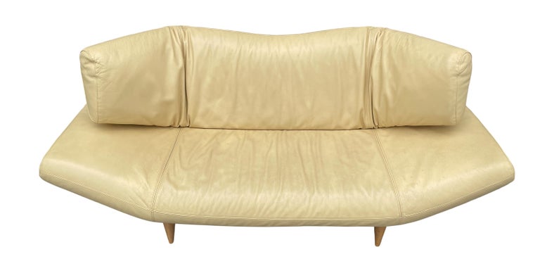 Italian Vintage Molinari Curved Light Yellow Leather Sofa Curved Back, Italy For Sale