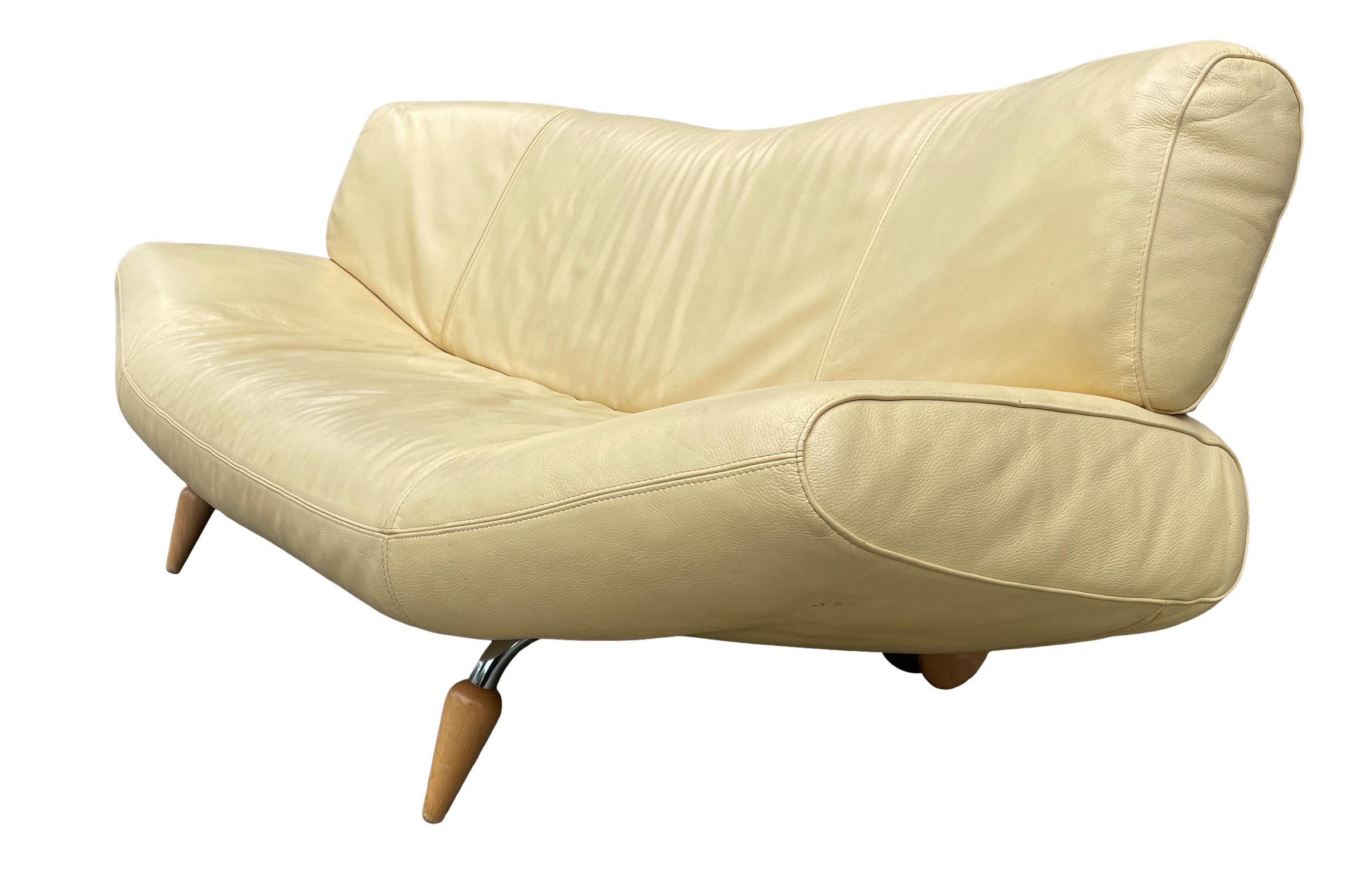 Italian Vintage Molinari Curved Light Yellow Leather Sofa Curved Back, Italy